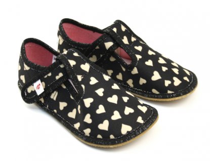 Dievčenské papuče BAREFOOT 395 Gold Hearts čierne so zlatými srdiečkami