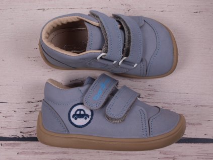 Celoroční kožené boty bar3foot 2Be38/4G baby blue šedomodré s autem, suchý zip, barefoot