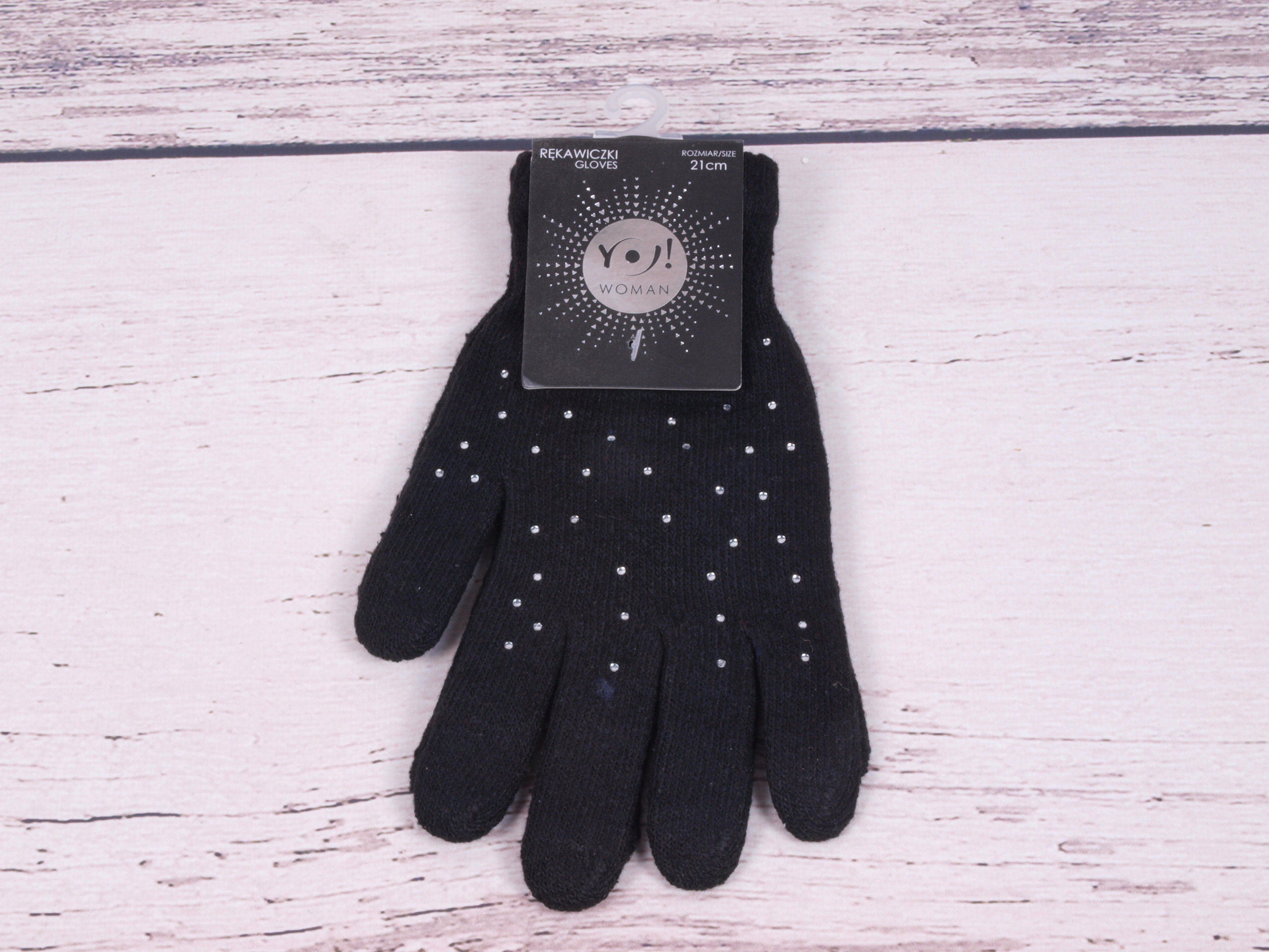 YO Rukavice prstové R016 černé zdobené kamínky velikost rukavic: 21 cm