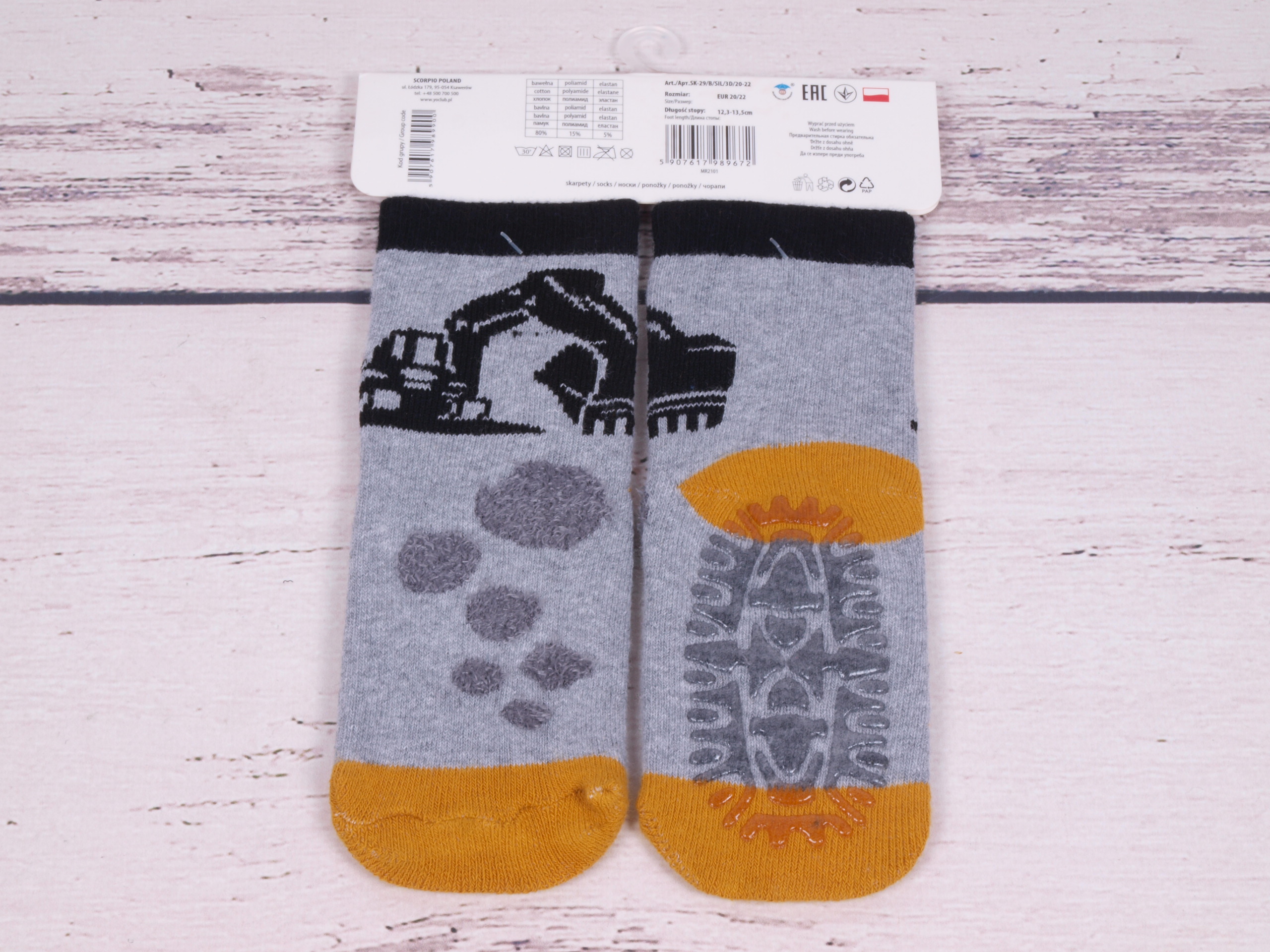 Ponožky capáčky  YO ABS protiskluzové šedé s bagrem s kvalitním silikonovým protiskluzem velikosti ponožek: 14-15 ( EUR vel. 20-22)