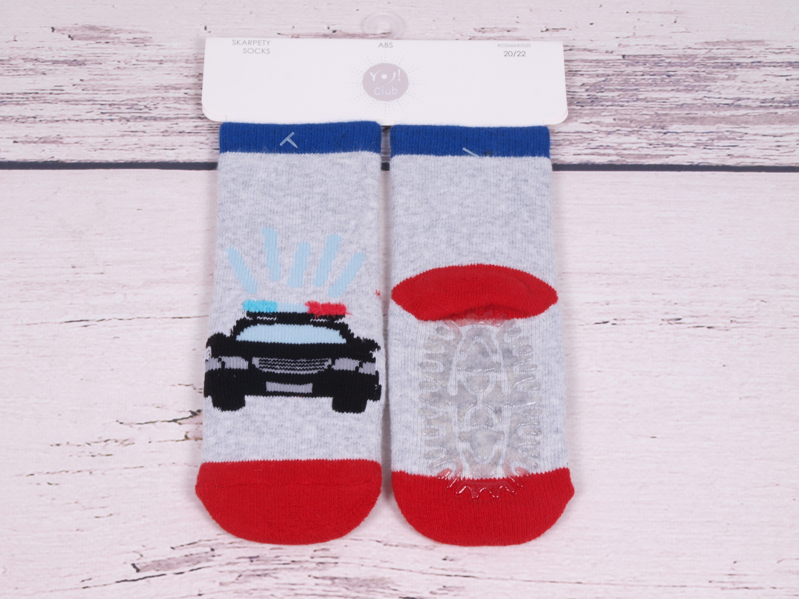 Ponožky capáčky  YO ABS protiskluzové šedé s policejním autem s kvalitním silikonovým protiskluzem velikosti ponožek: 14-15 ( EUR vel. 20-22)