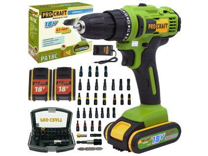 Procraft SPA18С 18V - akumulátorový vrtací šroubovák se sadou bitů BS-32 (včetně 2x 1,5 Ah akumulátoru a nabíječky)