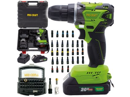 Procraft SPA20BL1B 20V SET - akumulátorový vrtací šroubovák se sadou bitů BS-32 (včetně 2,0 Ah akumulátoru a nabíječky)