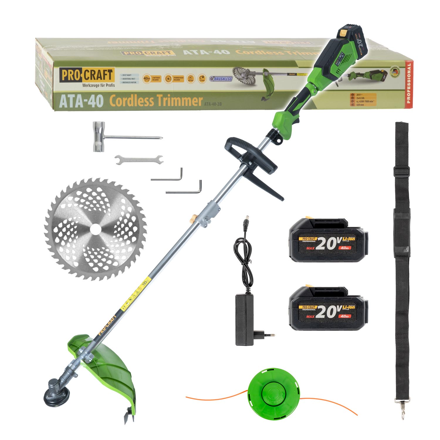 Procraft ATA-40 40V - akumulátorový křovinořez (s 2x 4,0 Ah akumulátorem a nabíječkou)