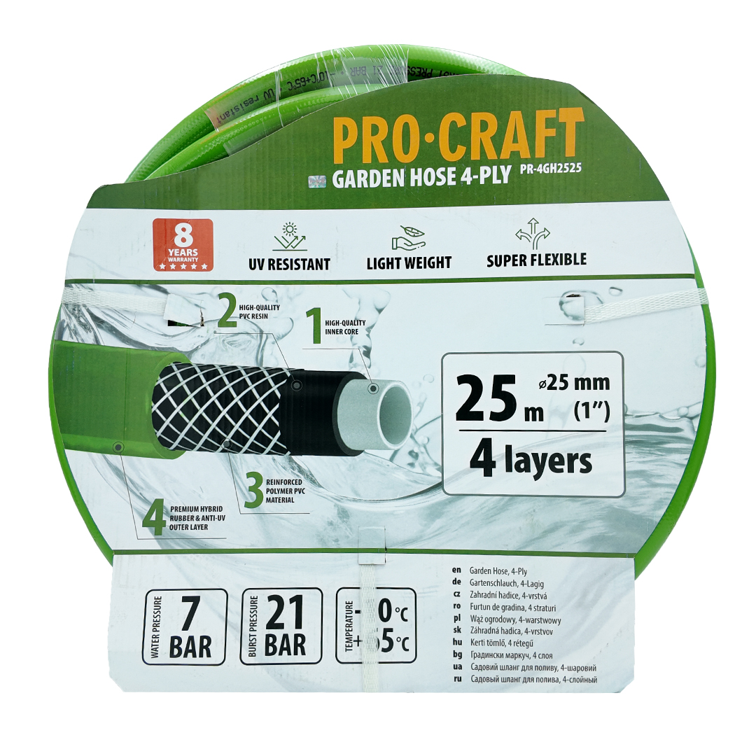 Procraft PR-4GH2525 - zelená zahradní hadice, 4 vrstvy, 1", 25m
