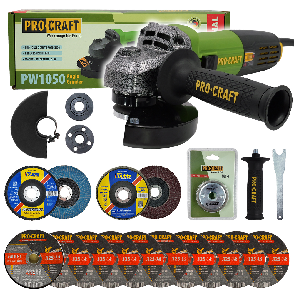 Procraft PW1050 úhlová bruska + rychloupínací matice, 10x řezný kotouč, 2x lamelový kotouč