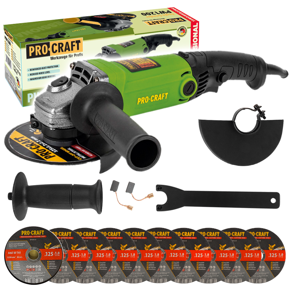 Procraft PW1200 - úhlová bruska + 10x řezný kotouč CD125x1.0b v kovovém boxu