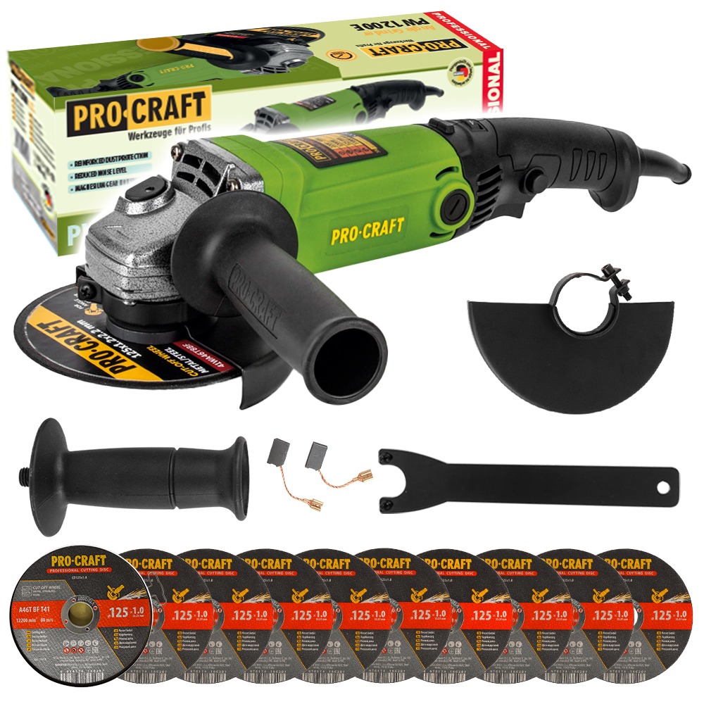 Procraft PW1200E - úhlová bruska + 10x řezný kotouč CD125x1.0b v kovovém boxu