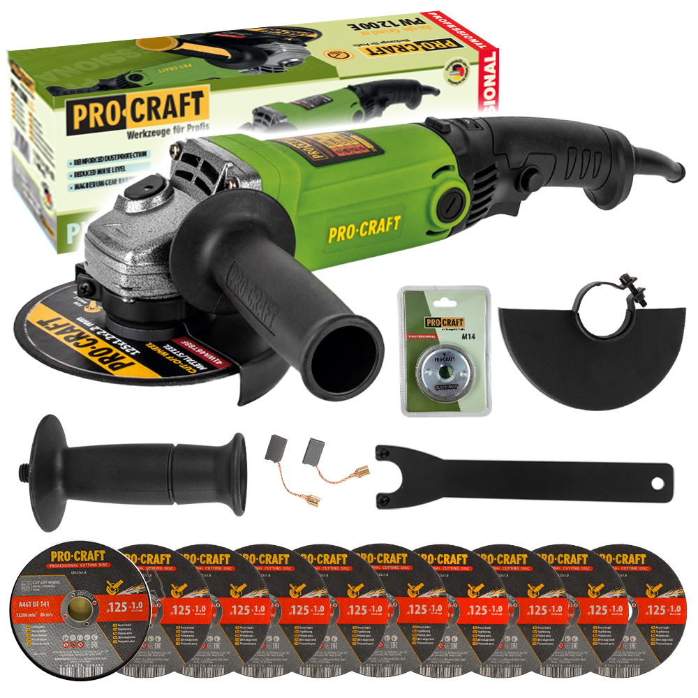 Procraft PW1200E - úhlová bruska + rychloupínací matice RM14, 10x řezný kotouč CD125x1.0b v boxu