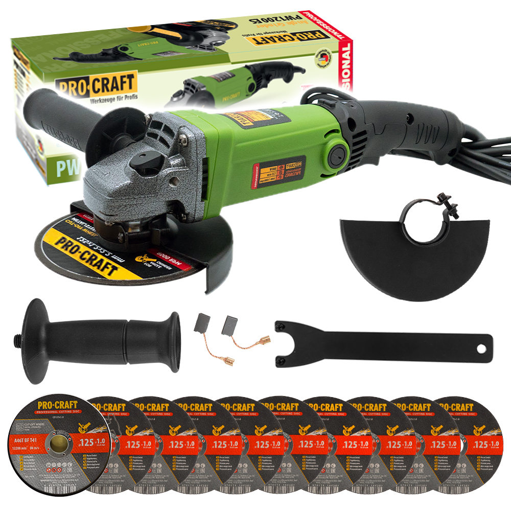 Procraft PW1200ES - úhlová bruska + 10x řezný kotouč CD125x1.0b v kovovém boxu