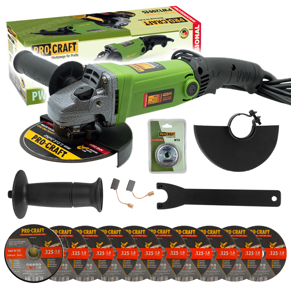 Procraft PW1200ES - úhlová bruska + rychloupínací matice RM14, 10x řezný kotouč CD125x1.0b v boxu