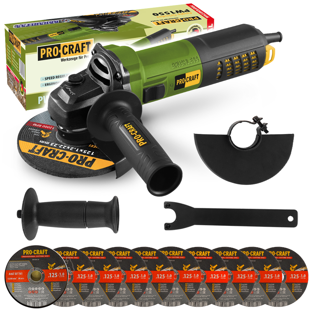 Procraft PW1550 - úhlová bruska + 10x řezný kotouč CD125x1.0b v kovovém boxu