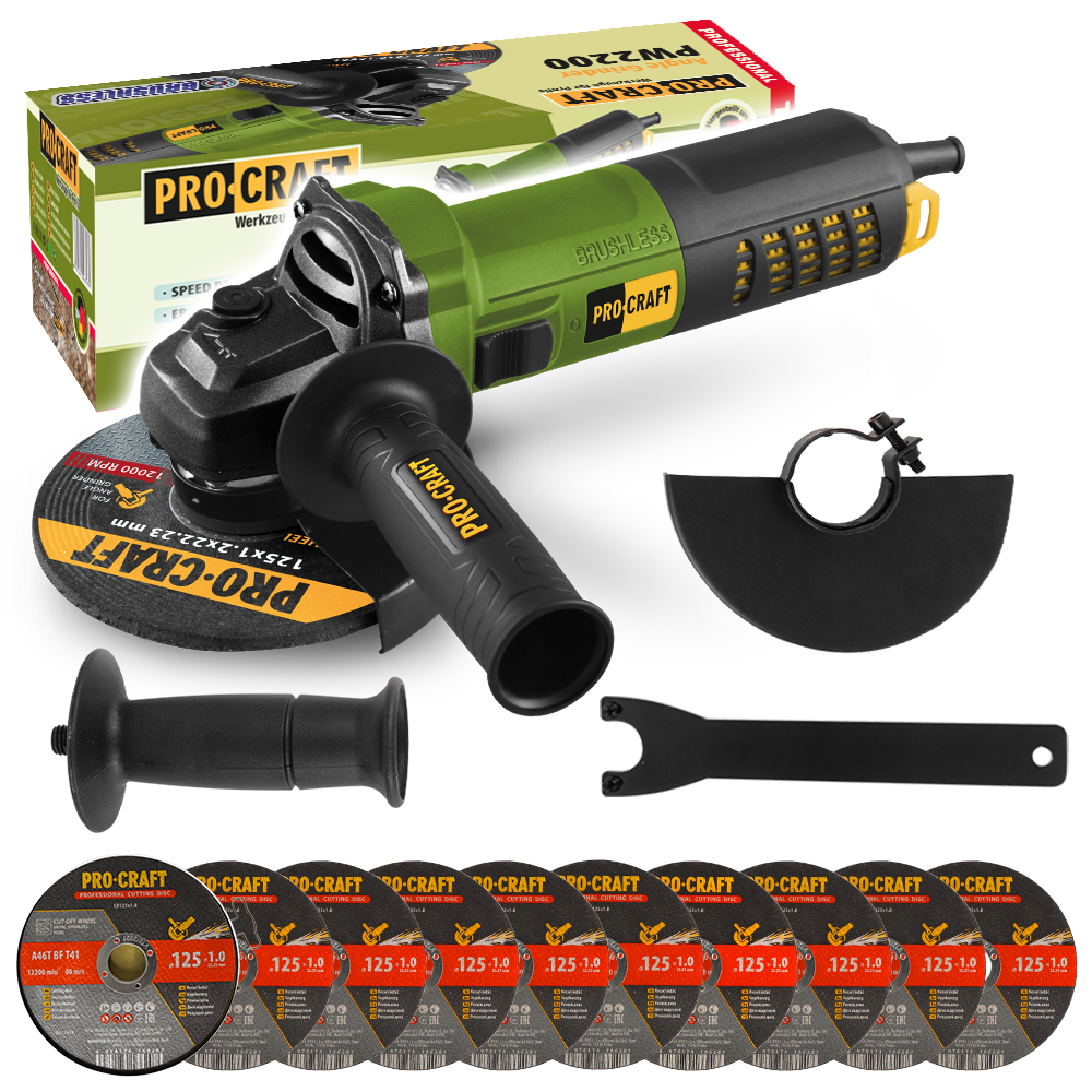 Procraft PW2200 - úhlová bruska + 10x řezný kotouč CD125x1.0b v kovovém boxu