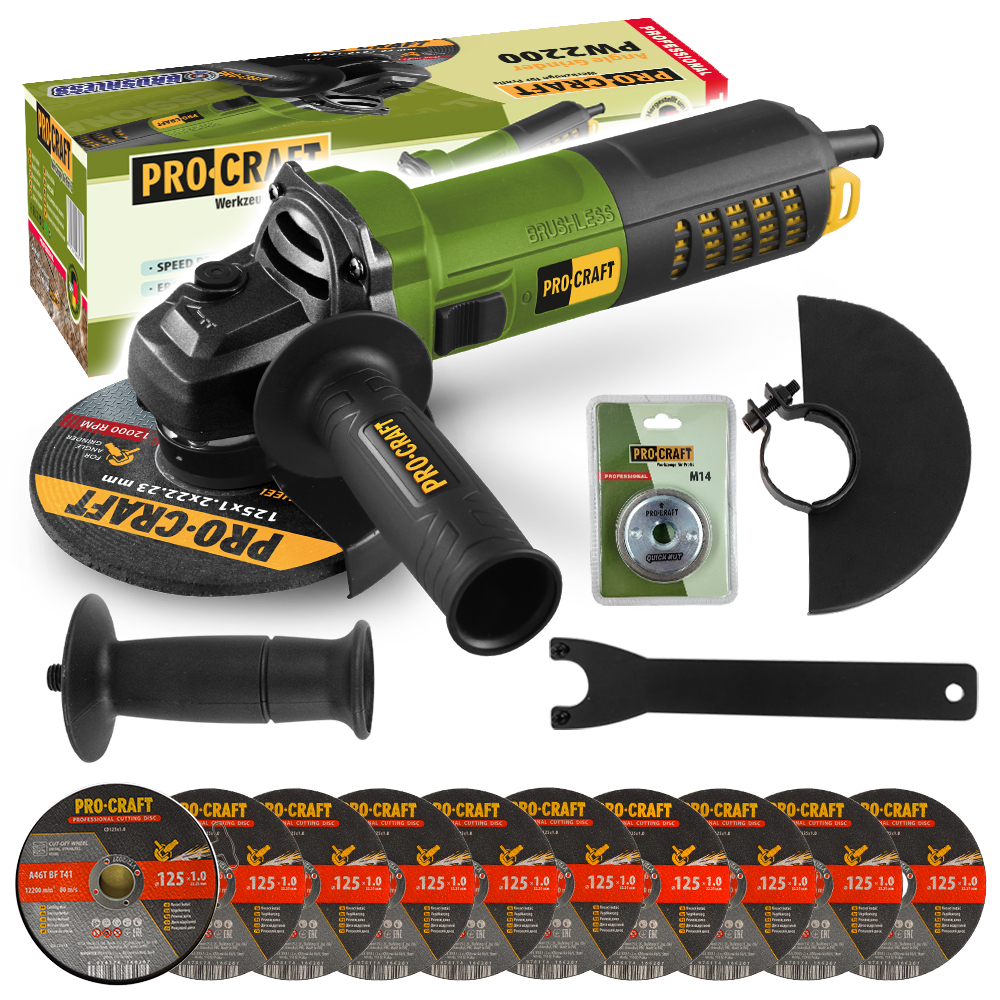 Procraft PW2200 - úhlová bruska + rychloupínací matice RM14, 10x řezný kotouč CD125x1.0b v boxu