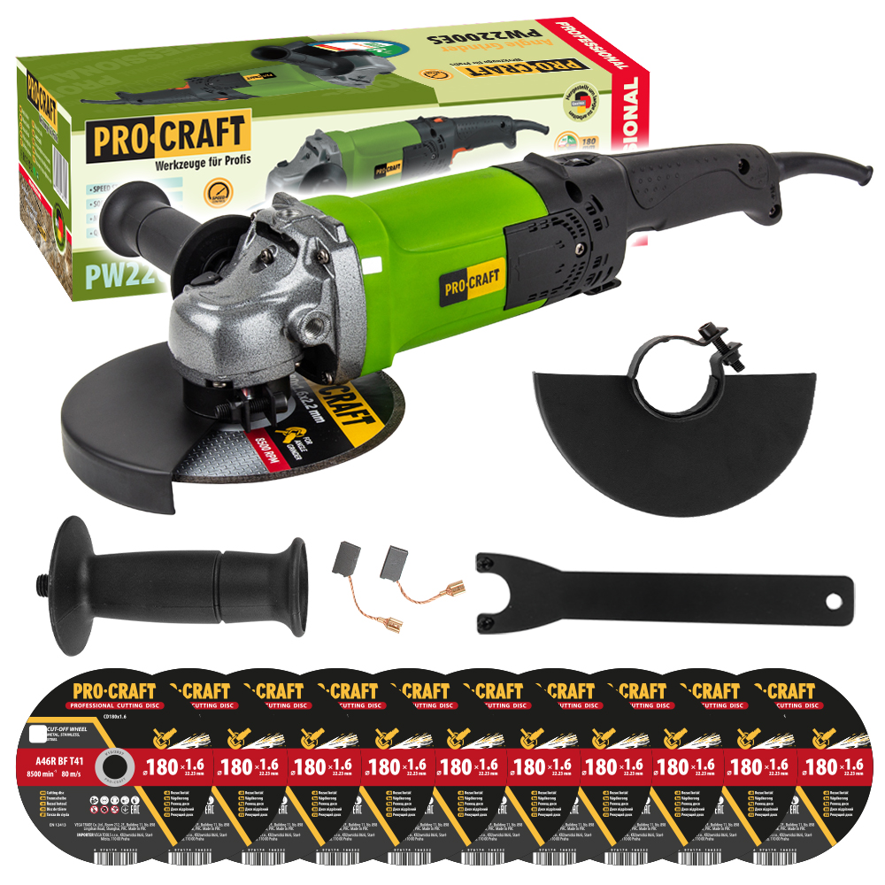 Procraft PW2200ES - úhlová bruska + 10x řezný kotouč CD180x1.6