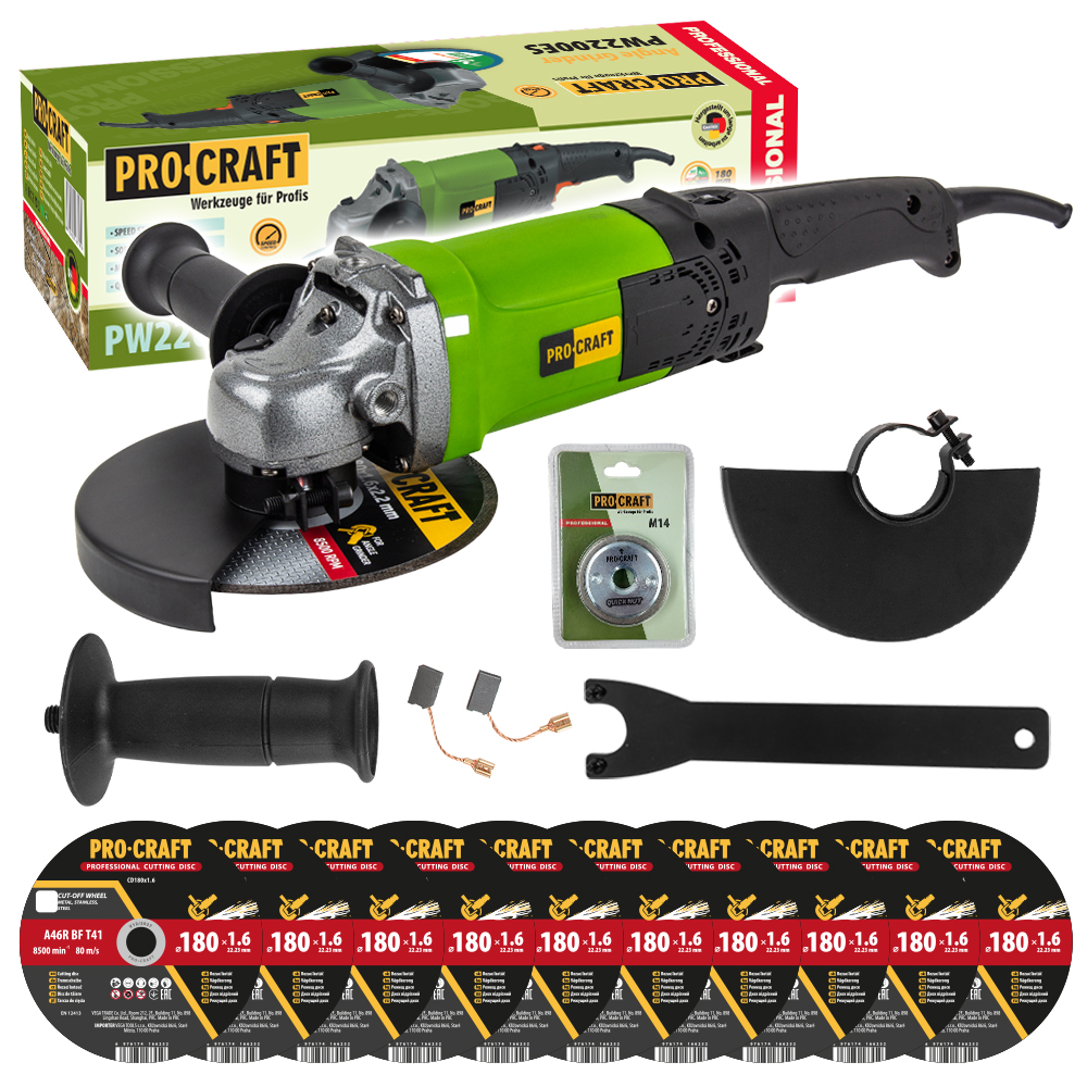 Procraft PW2200ES - úhlová bruska + rychloupínací matice RM14, 10x řezný kotouč CD180x1.6