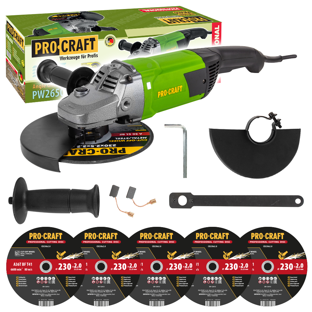 Procraft PW2650 - úhlová bruska + 5x řezný kotouč CD230x2.0