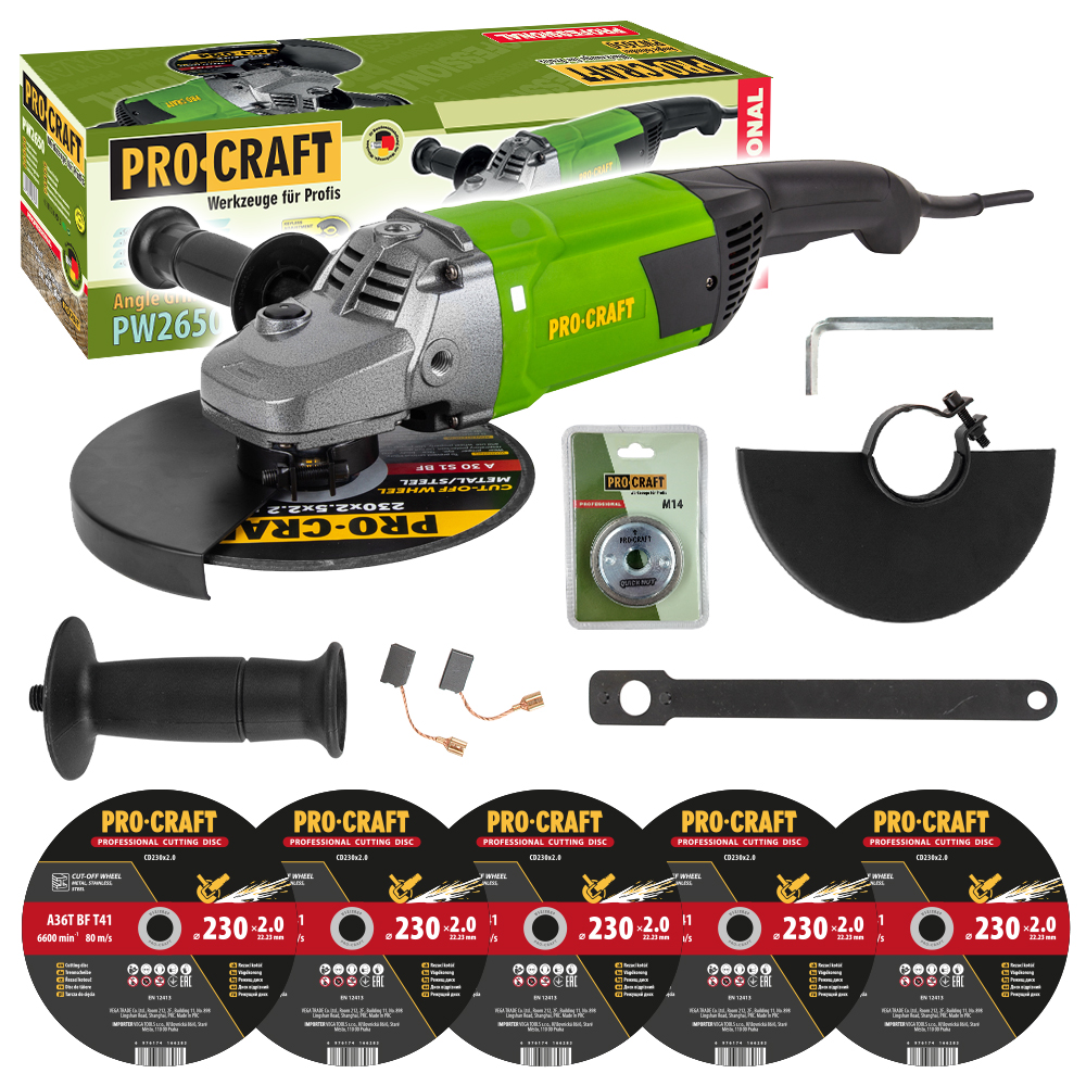 Procraft PW2650 - úhlová bruska + rychloupínací matice RM14, 5x řezný kotouč CD230x2.0