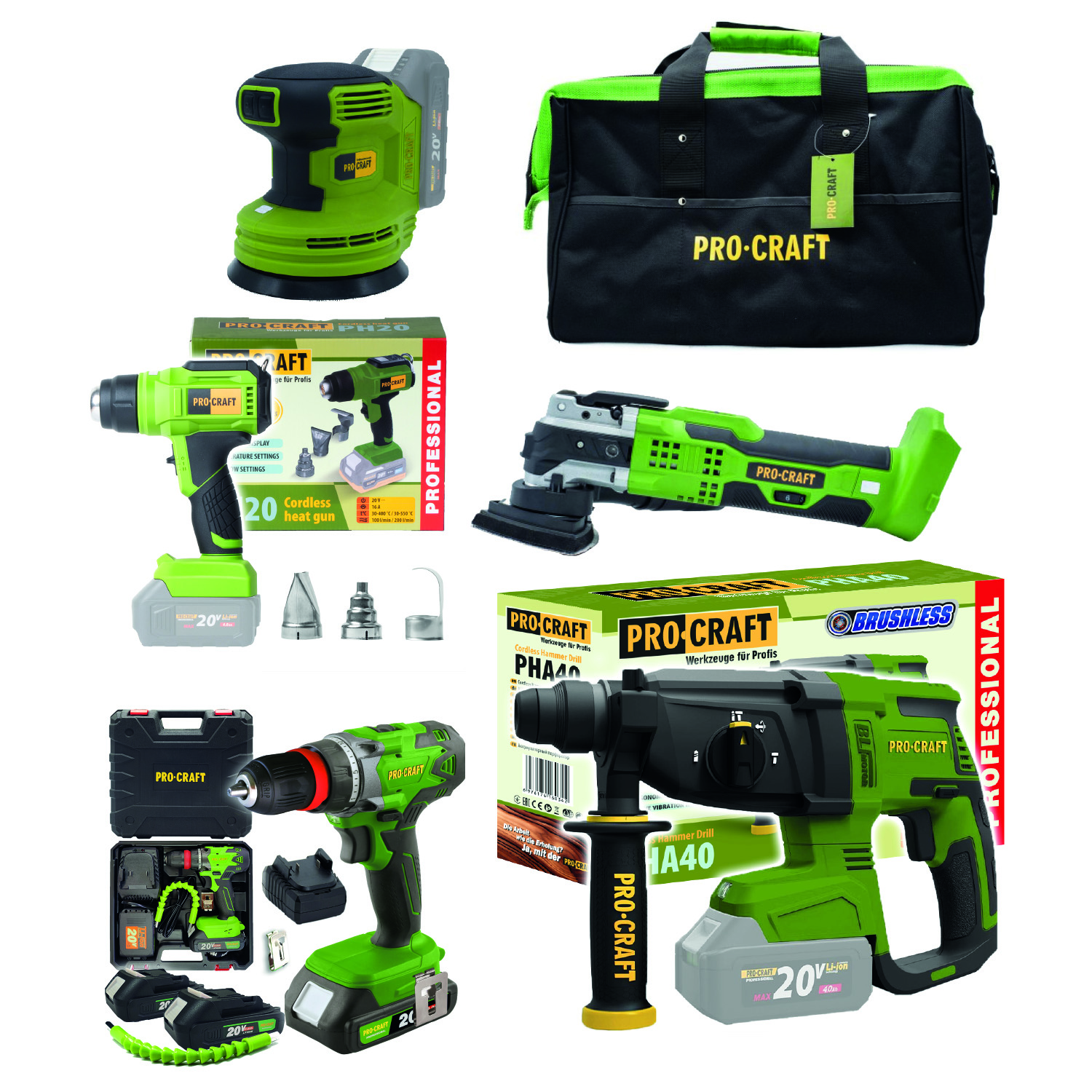 Procraft MAXISET2 20V - sada akumulátorového nářadí (vrtací kladivo / excentrická bruska / šroubovák / oscilační bruska / horkovzdušná pistole / taška na nářadí)