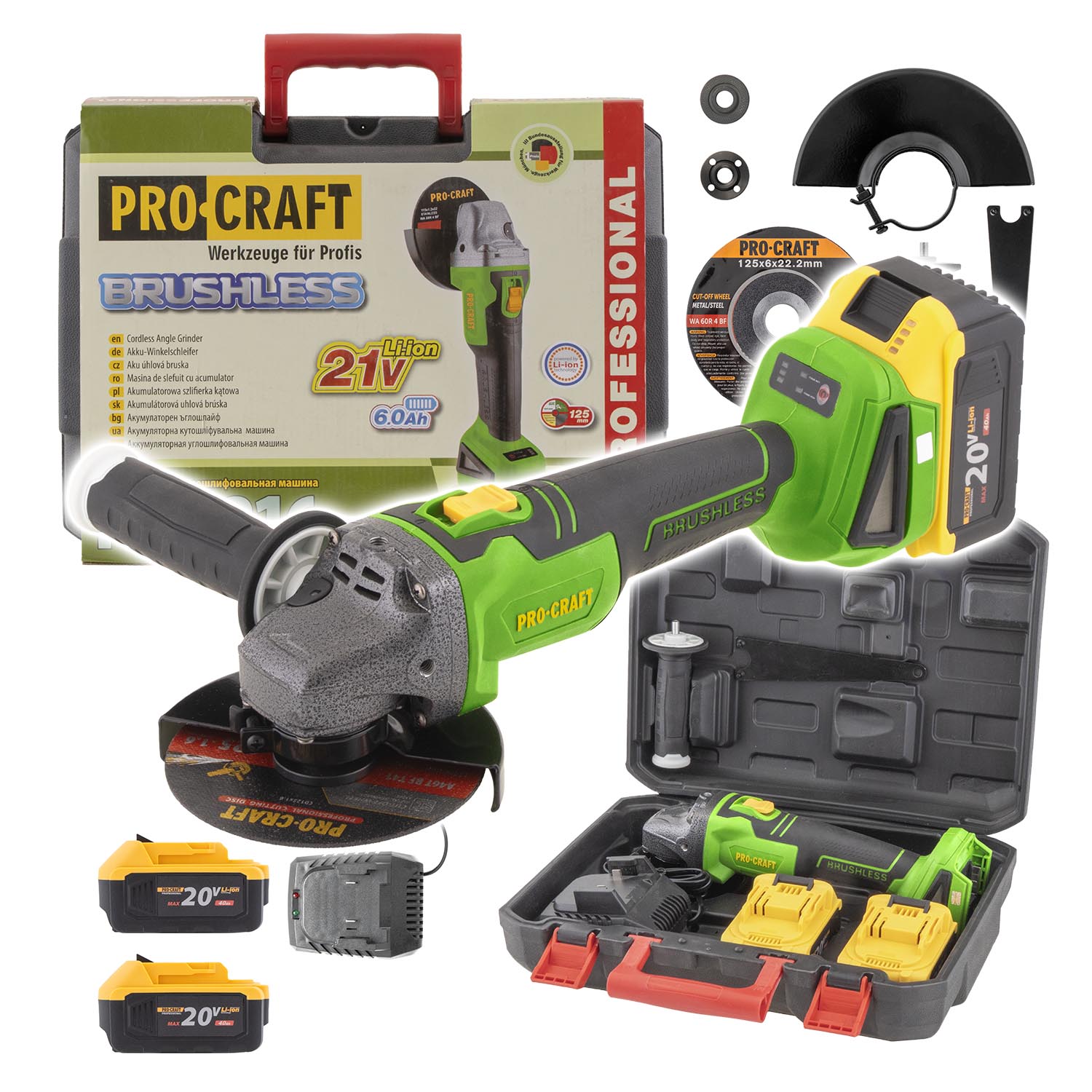Procraft PWA216 20V - akumulátorová úhlová bruska (s 2x 4,0 Ah akumulátory a nabíječkou)