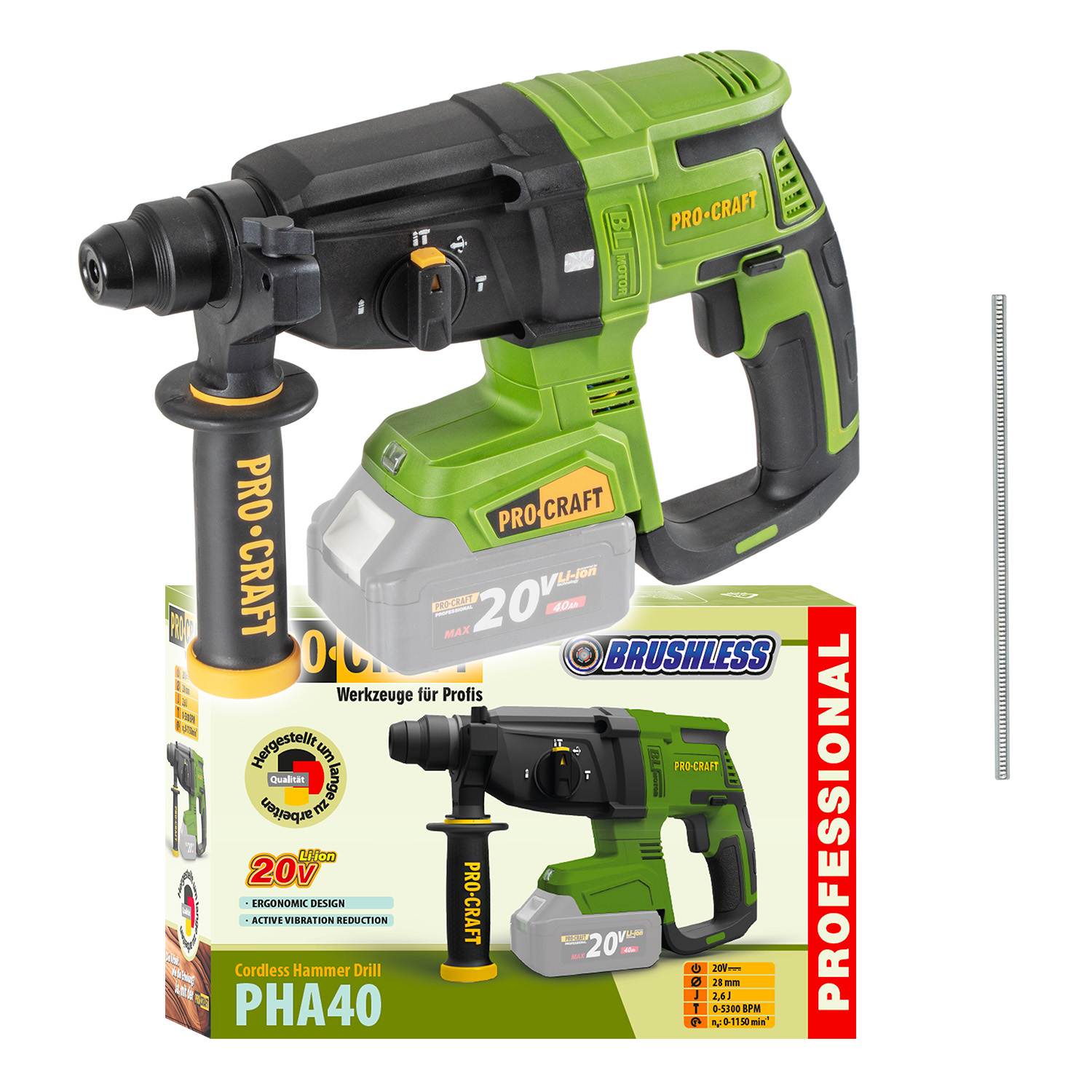 Procraft PHA40bb 20V - akumulátorové vrtací kladivo (bez akumulátoru a nabíječky)