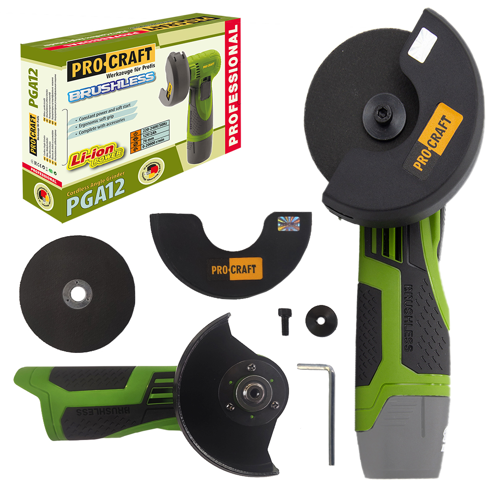 Procraft PGA12 12V - akumulátorová mini úhlová bruska (s akumulátorem a nabíječkou)