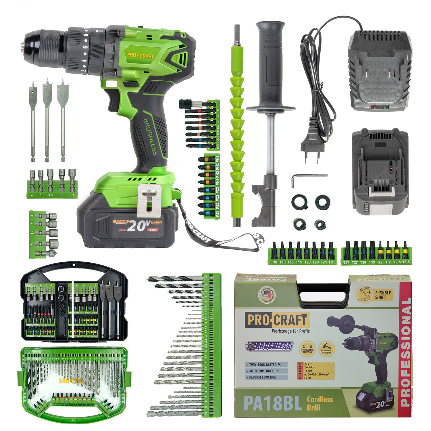 Procraft SPA18BL Brushless 20V - akumulátorový vrtací šroubovák s příklepem a bity DBS-101 (s 2x 4,0 Ah akumulátory a nabíječkou)