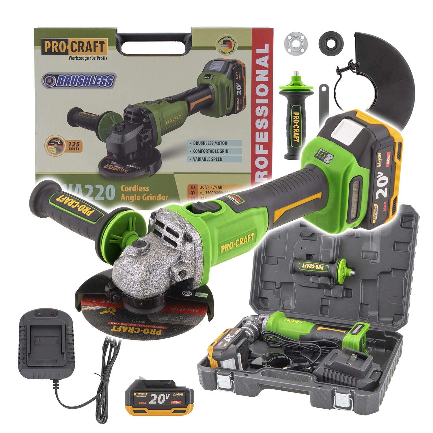 Procraft PWА220 - akumulátorová úhlová bruska (s 4,0 Ah akumulátorem a nabíječkou)