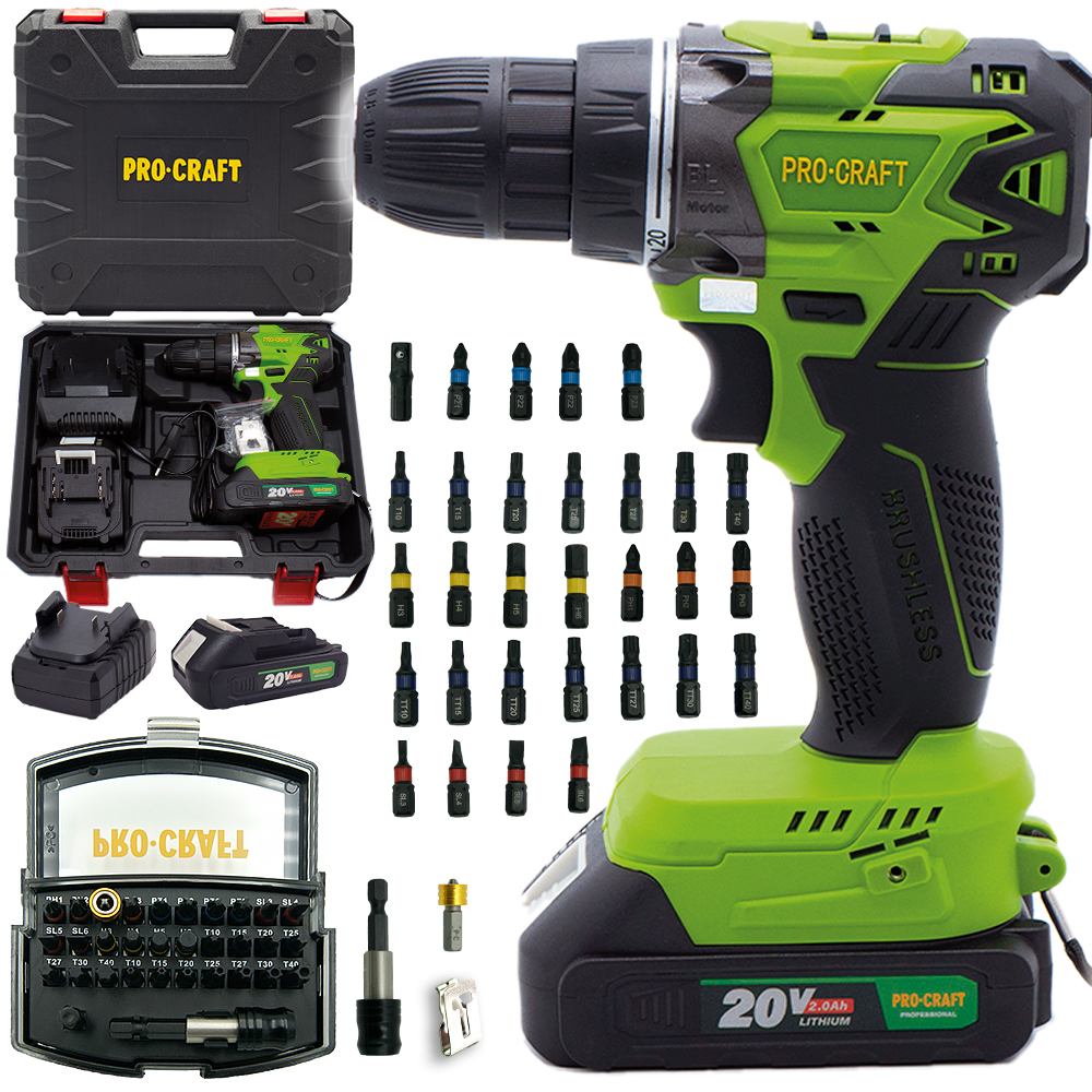 Procraft SPA20BL1B 20V - akumulátorový vrtací šroubovák se sadou bitů BS-32 (včetně 2,0 Ah akumulátoru a nabíječky)