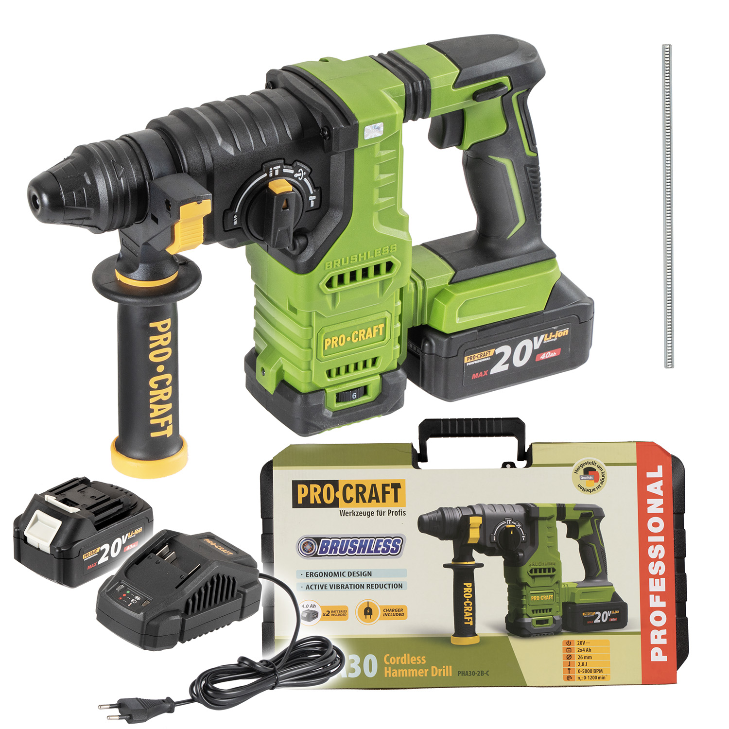 Procraft PHA30 20V - akumulátorové vrtací kladivo (s 2,0 Ah akumulátorem a nabíječkou)