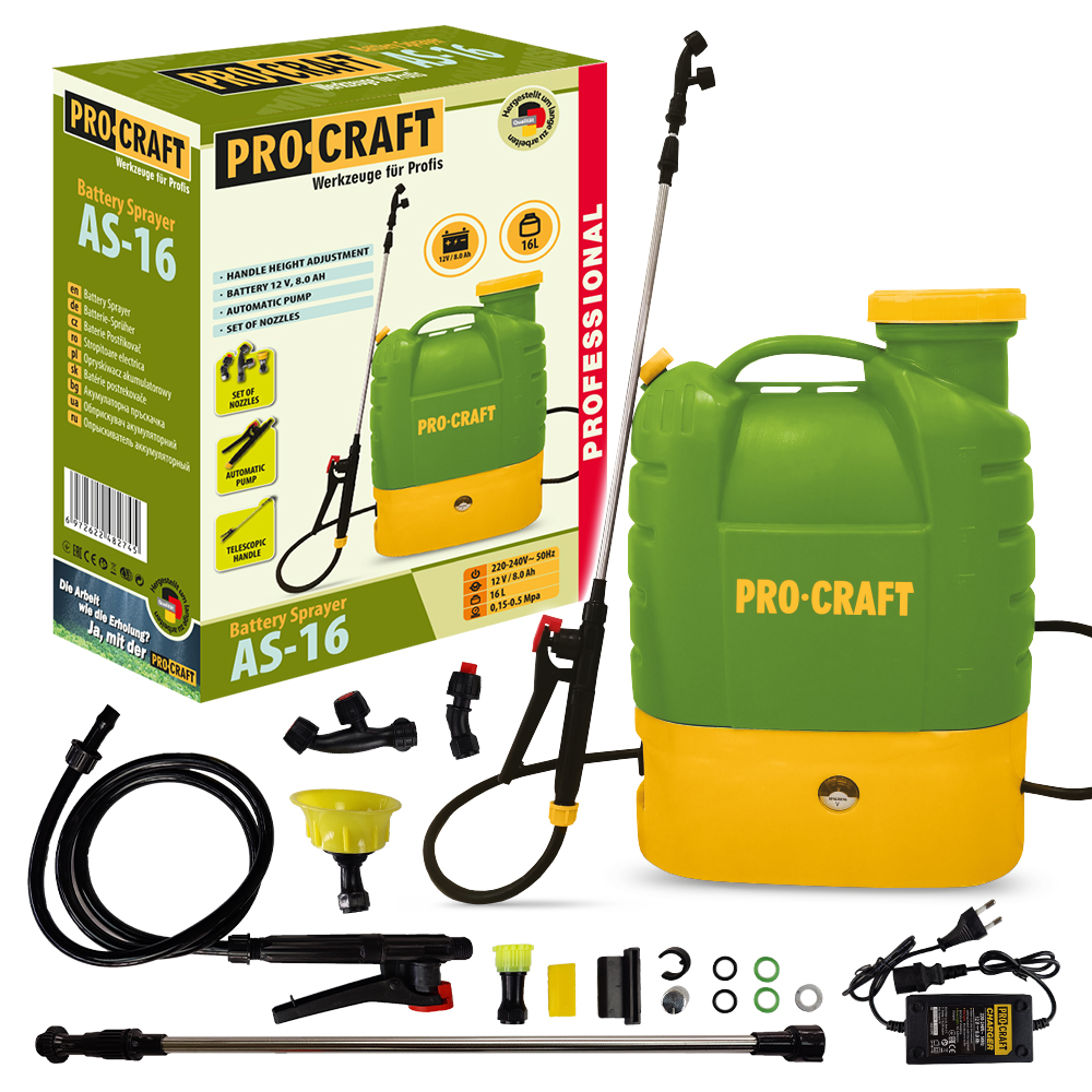 Procraft AS-16 16V - akumulátorový postřikovač (s 8,0 Ah akumulátorem a nabíječkou)