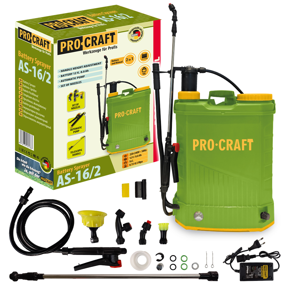 Procraft AS-16/2 16V - akumulátorový postřikovač (s 8,0 Ah akumulátorem a nabíječkou)