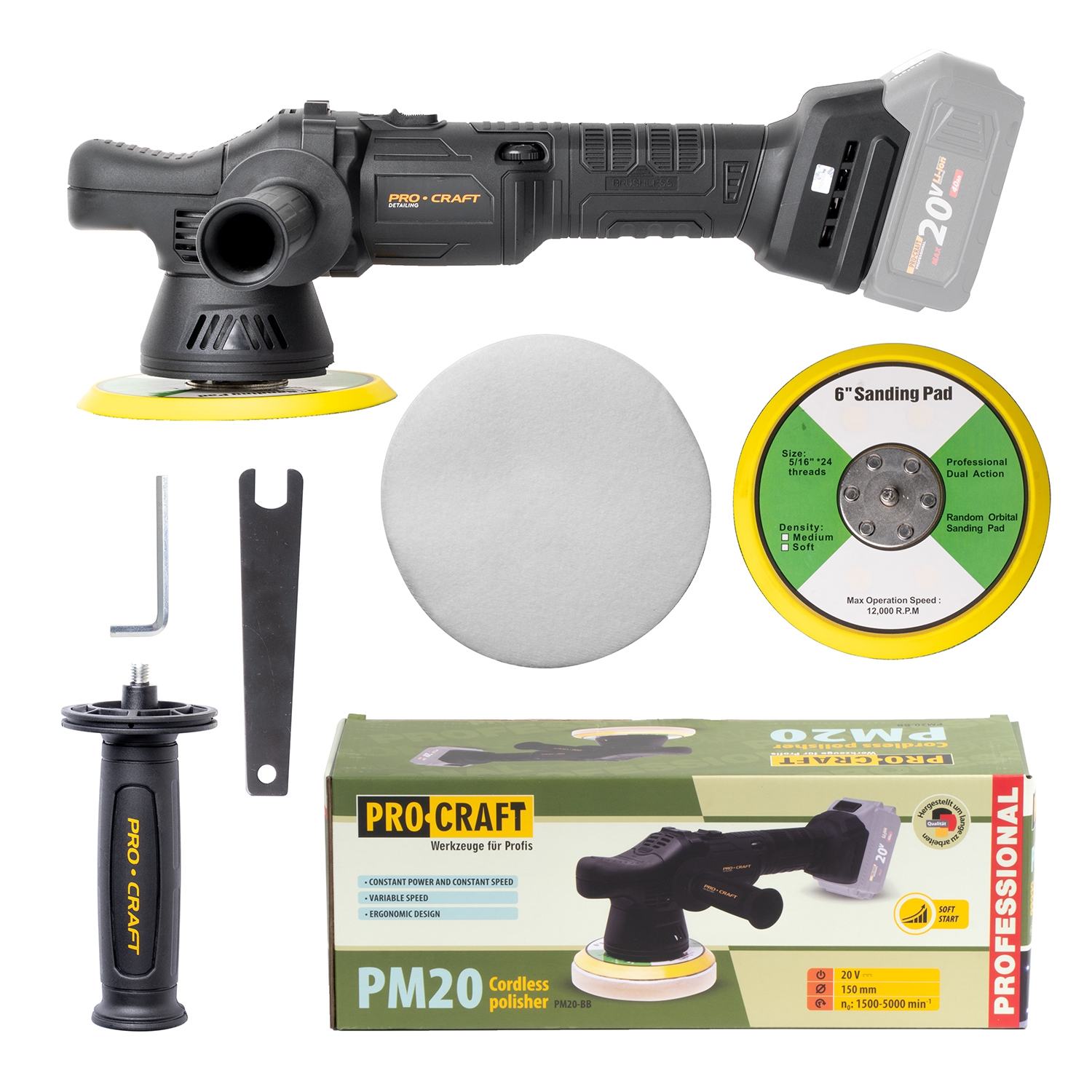 Procraft PM20bb 20V - akumulátorová leštička (bez akumulátoru a nabíječky)