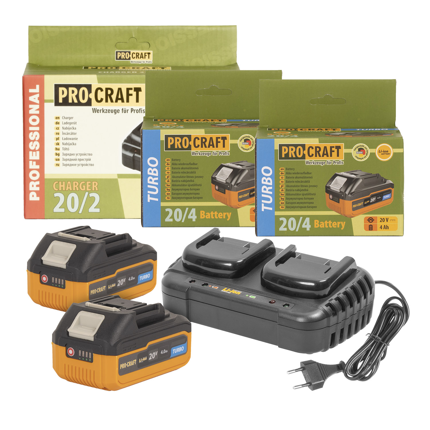 Procraft 20/4 + 20/2 20V SET - 2x 4,0 Ah akumulátory a nabíječka pro dva akumálátory