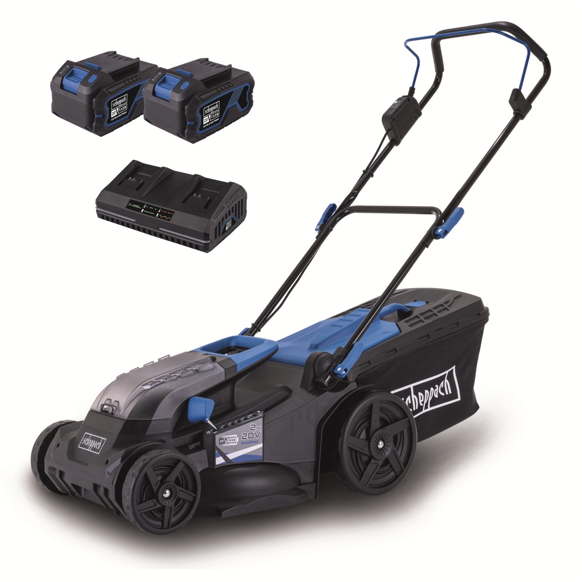 Scheppach BC-MP430-X-XL2 2x20V IXES SET - akumulátorová sekačka 4v1 s bezuhlíkovým motorem (s 2x4Ah akumulátory + nabíječkou 4,5 A)