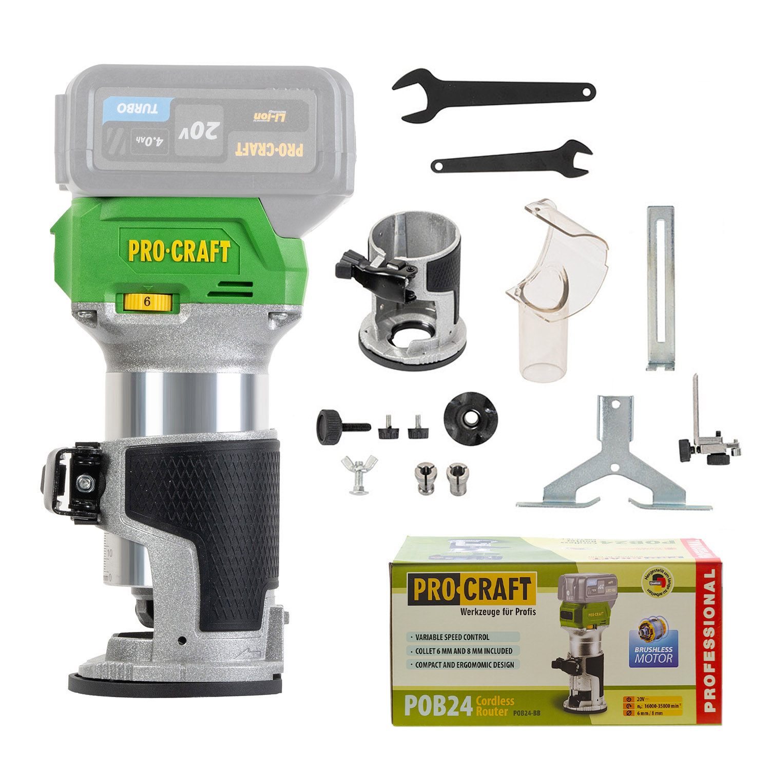 Procraft POB24 20V - akumulátorová frézka horní s příslušenstvím 3v1 (bez akumulátoru a nabíječky)