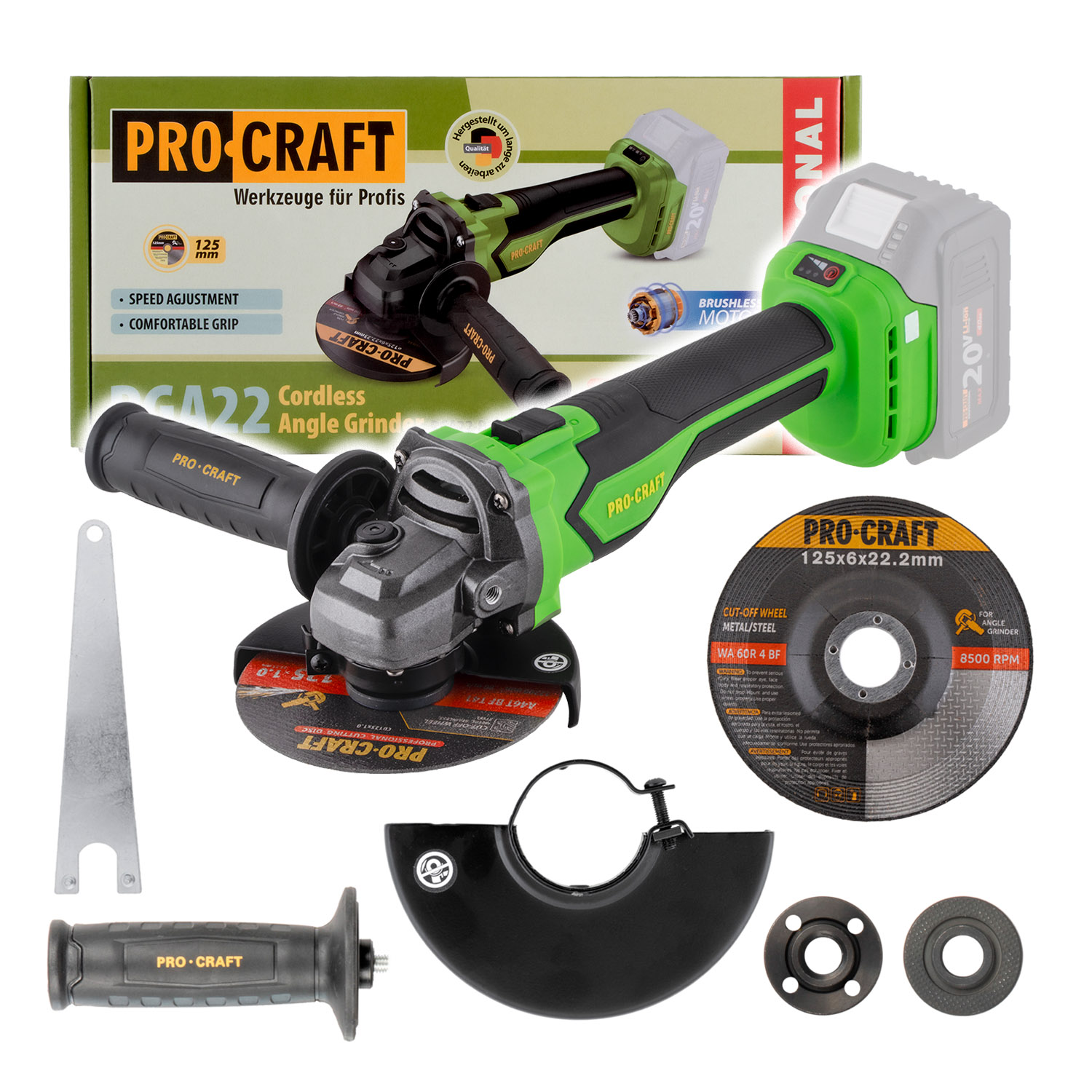 Procraft PGA22 20V - akumulátorová úhlová bruska (bez akumulátoru a nabíječky)