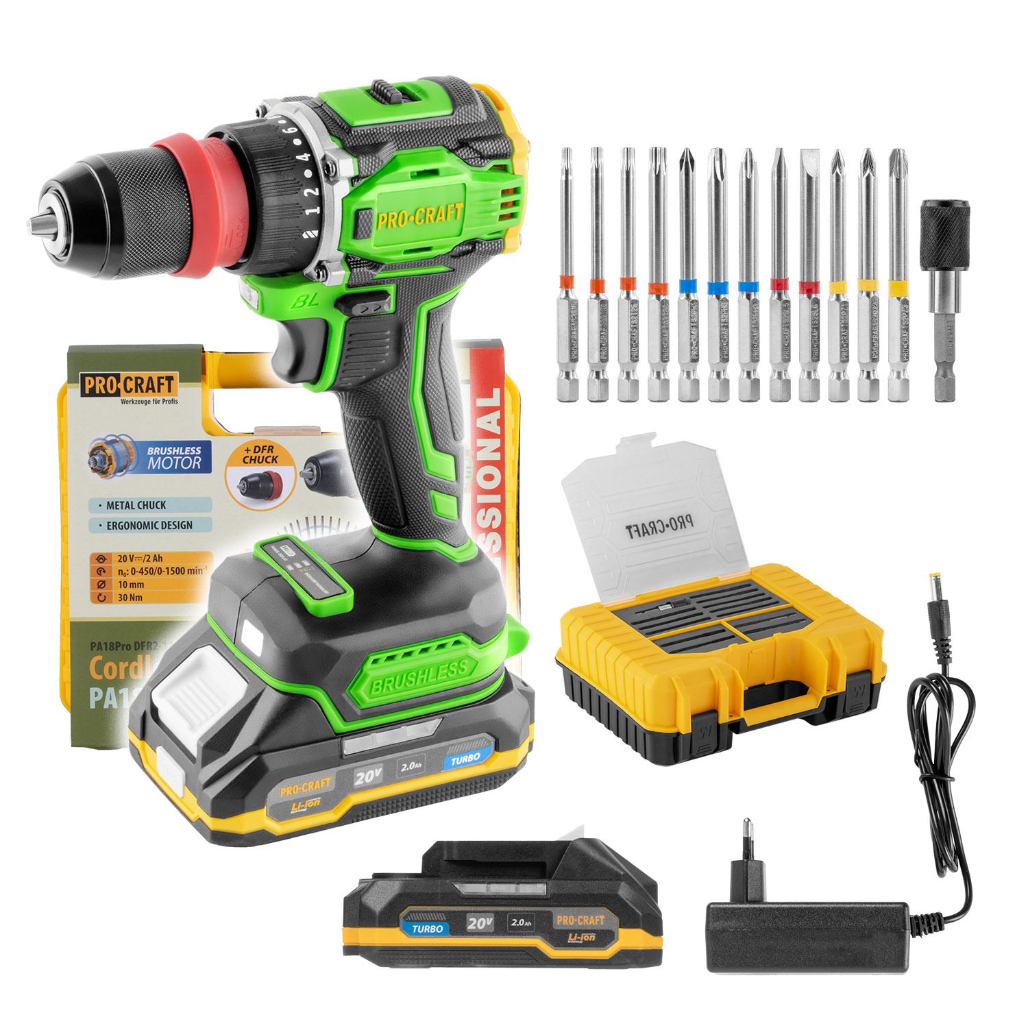 Procraft PA18ProDFR2 20V - akumulátorový šroubovák (s 2,0 Ah akumulátorem a nabíječkou)