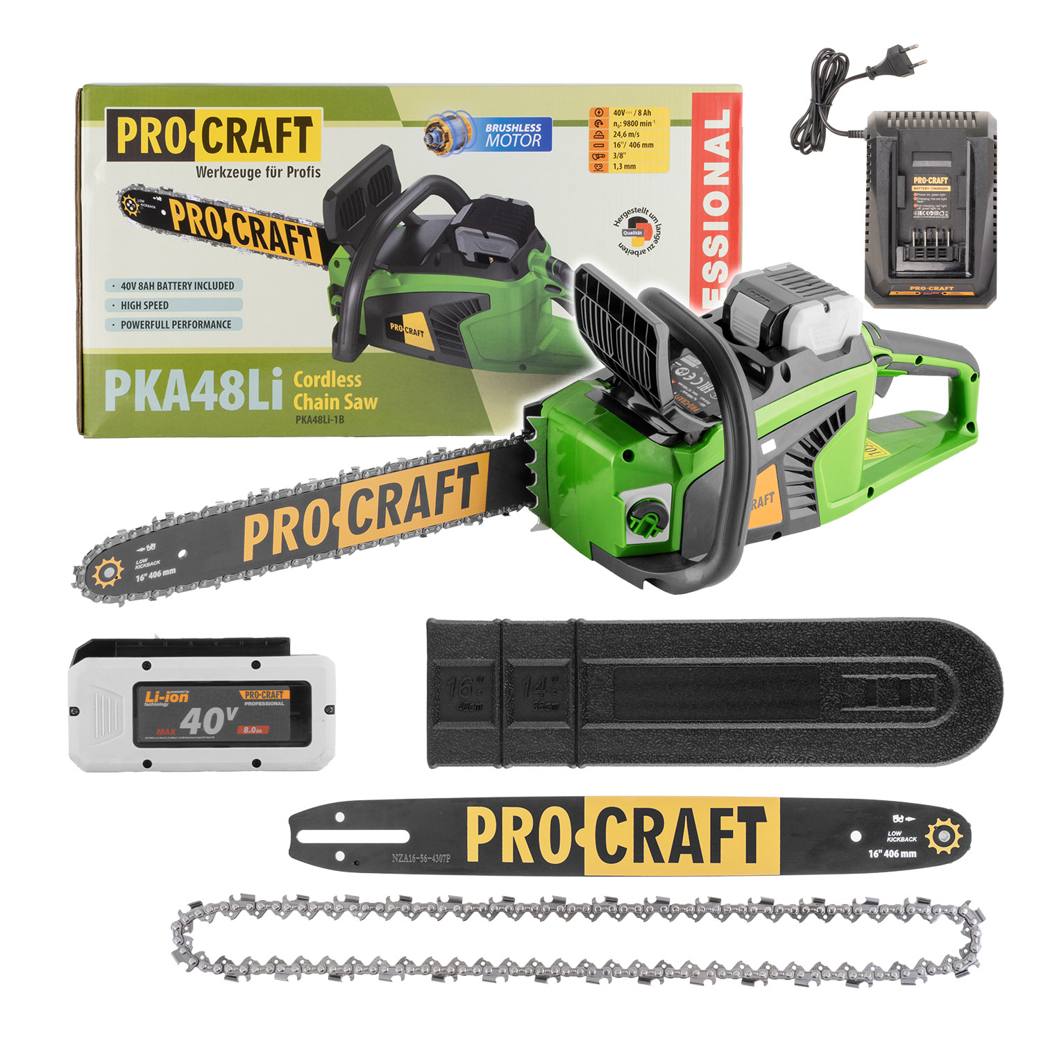 Procraft PKA48Li 20V SET - akumulátorová řetězová píla (s 8,0 Ah akumulátorem a nabíječkou)