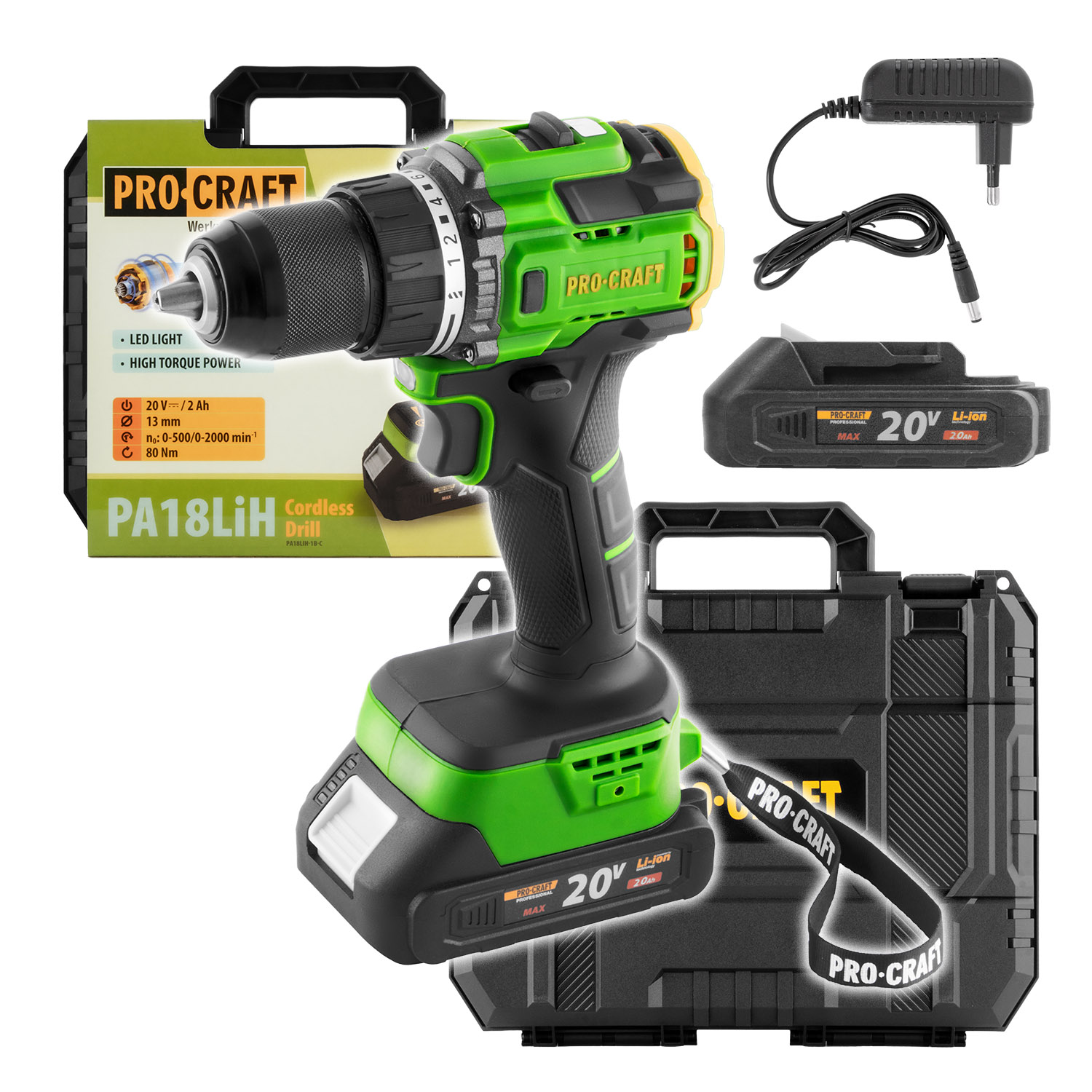 Procraft PA18LiH 20V SET - akumulátorový vrtací šroubovák (s 2,0 Ah akumulátorem a nabíječkou)