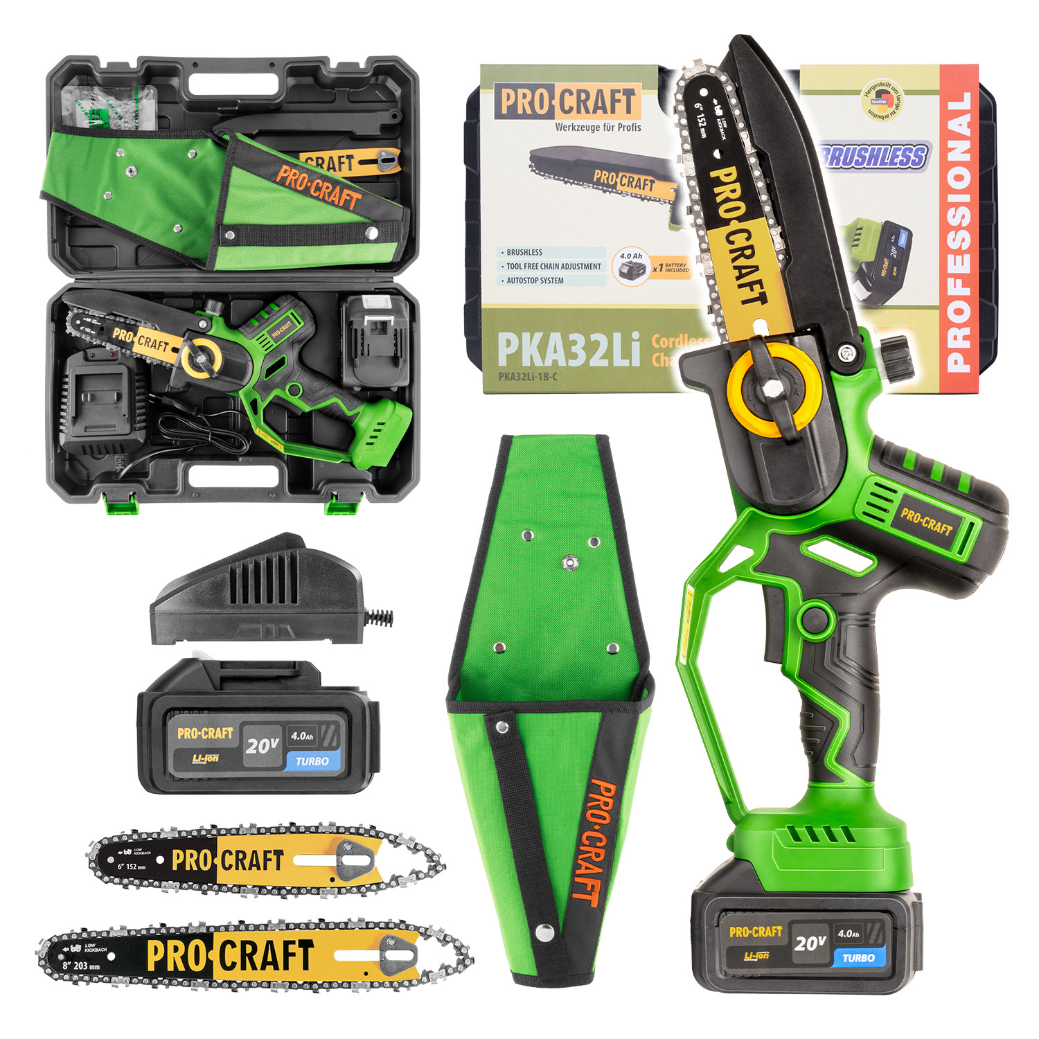 Procraft PKA32Li-P 20V SET - akumulátorová ruční pilka (s 4,0 Ah akumulátorem, nabíječkou, pouzdrem za opasek a pevným kufrem)