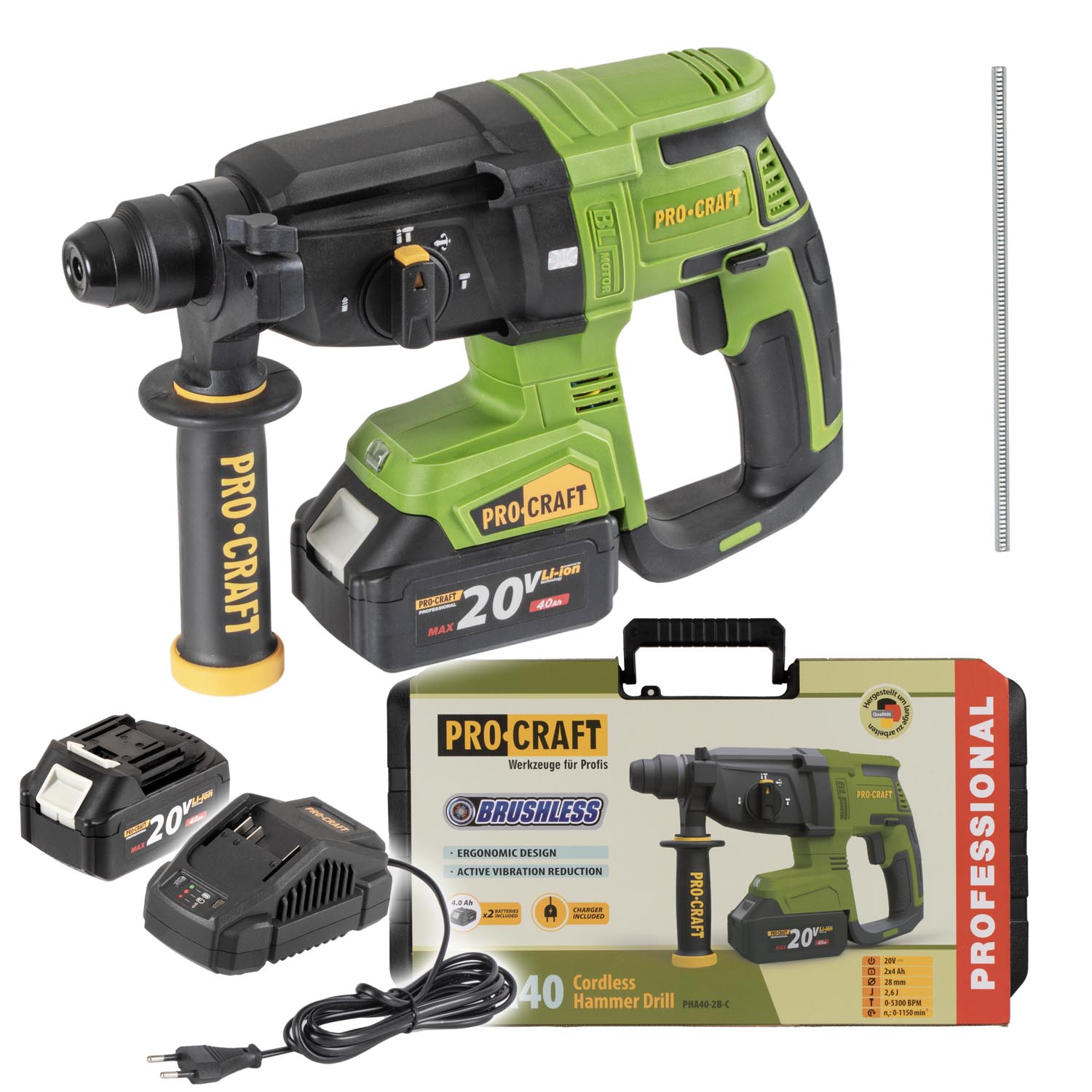 Procraft PHA40 20V SET - akumulátorové vrtací kladivo (s 2x4,0 Ah akumulátory a nabíječkou)