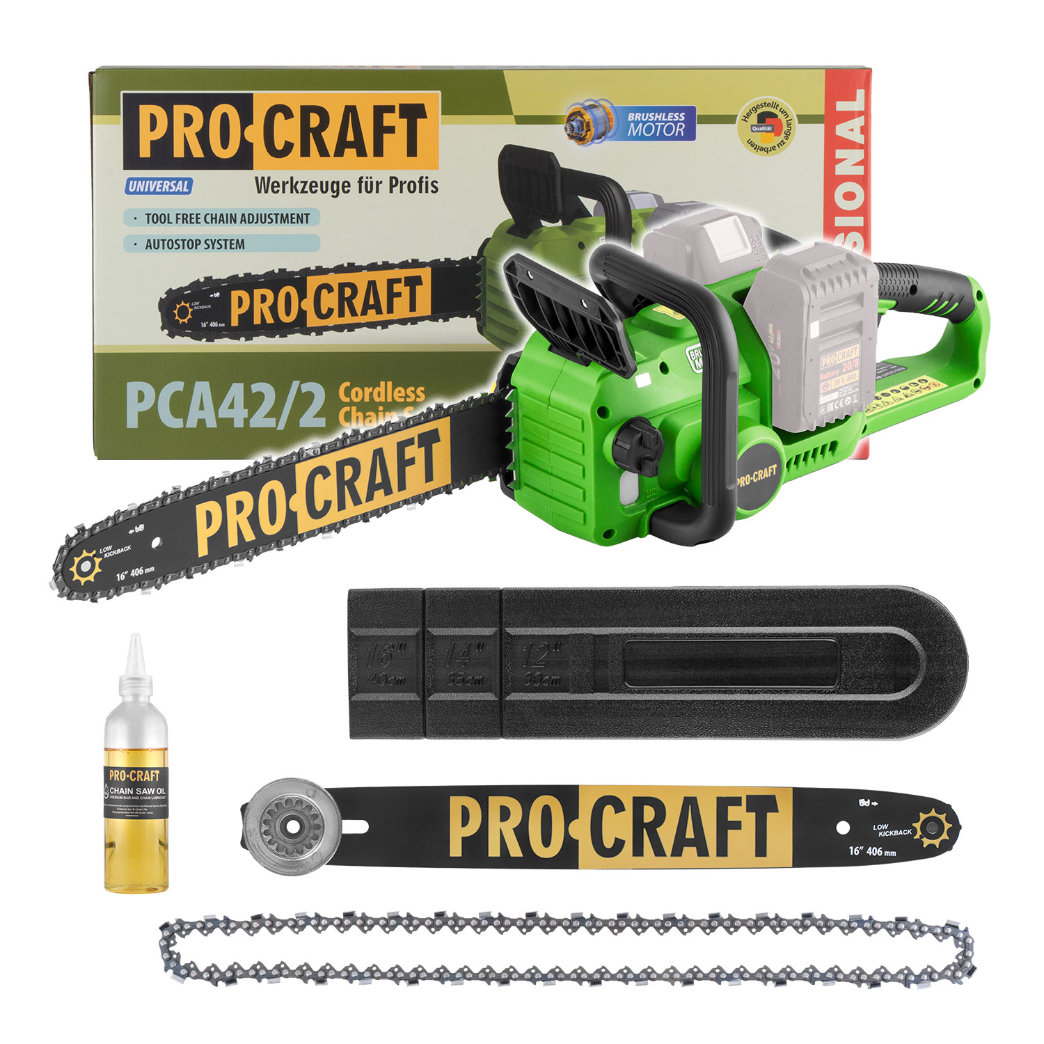 Procraft PCA42/2 20V SET1 - akumulátorová řetězová pila (s 2x4,0 Ah akumulátory a nabíječkou)