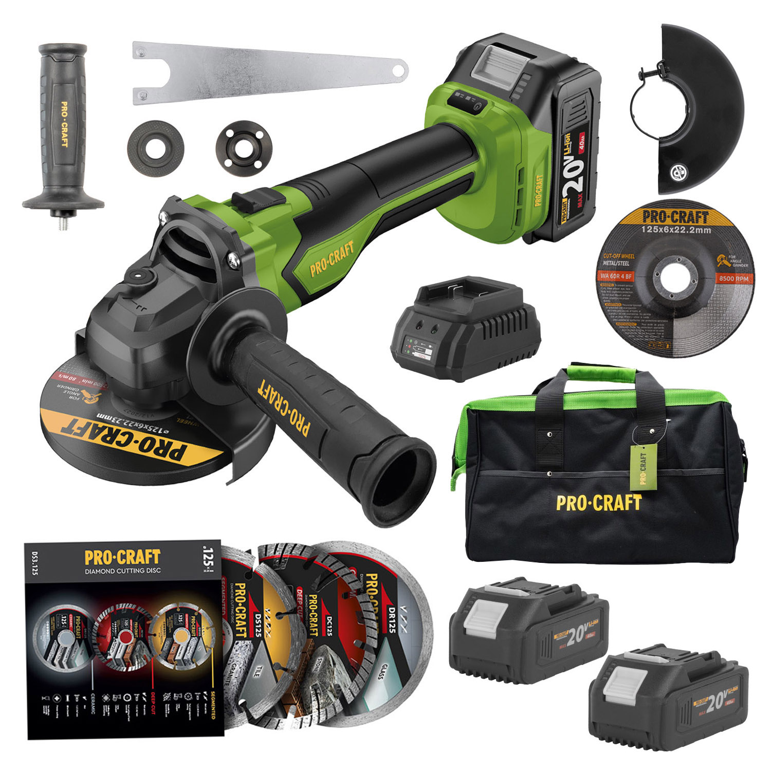 Procraft PGA22 20V SET - akumulátorová úhlová bruska (s 2x4,0 Ah akumulátory, nabíječkou,  3x diamantové kotouče DS3.125 a taška na nářadí)
