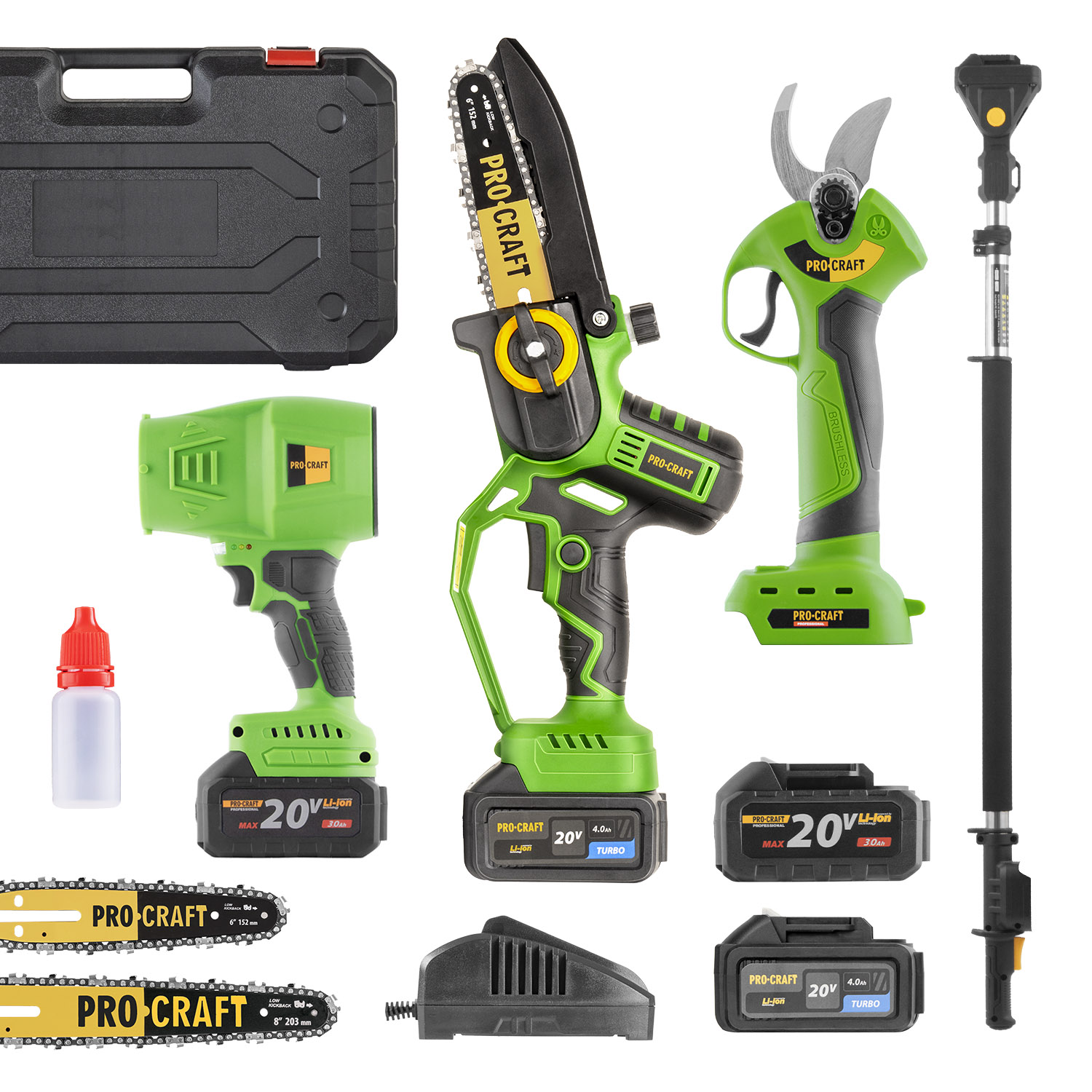 Procraft PKA32Li / ES28L / PB18 / EP2.0 - 20V MAX SET - akumulátorová pilka, nůžky na větve, foukač a nástavec