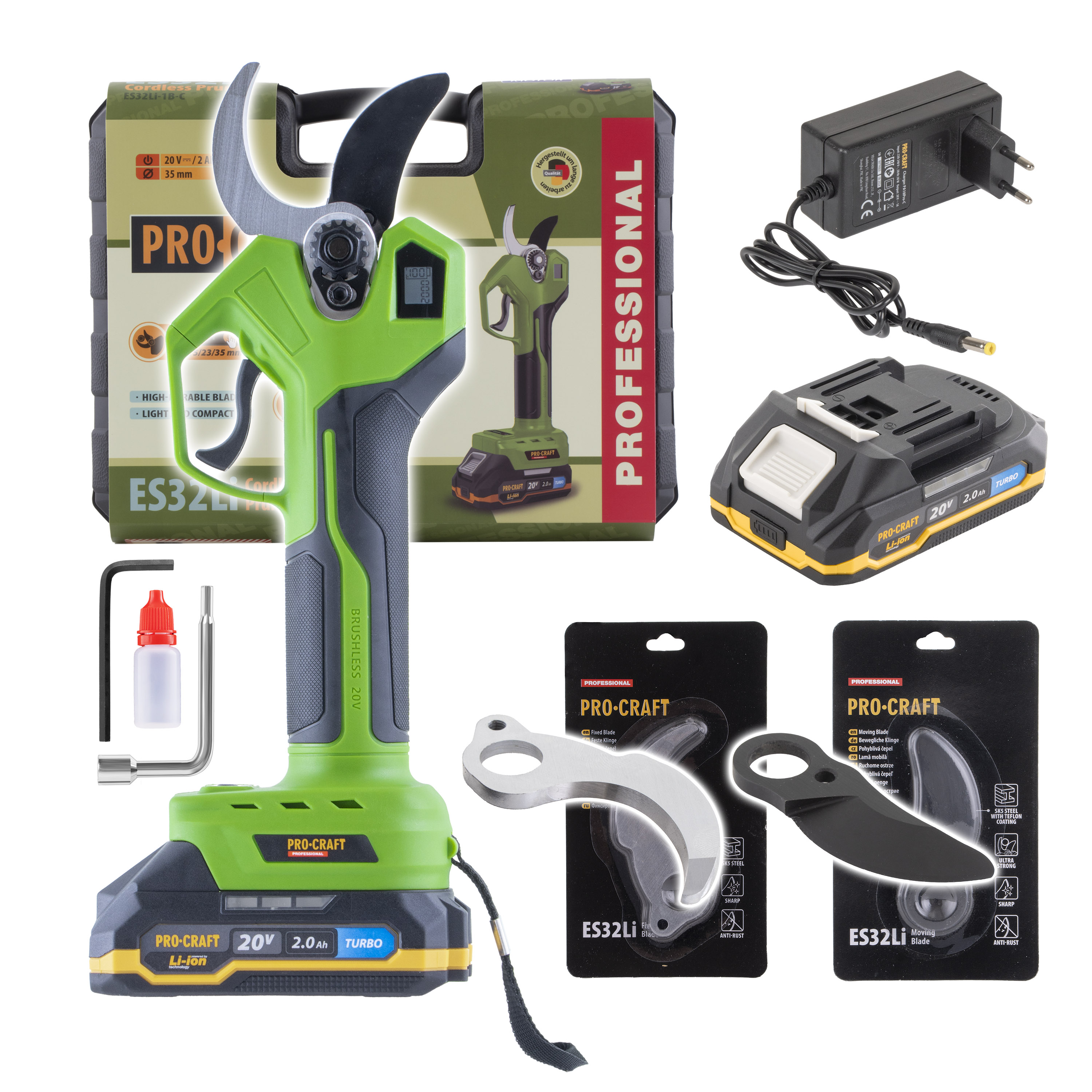 Procraft ES32Li 20V SET - akumulátorové nůžky na větve (s 2,0 Ah akumulátorem, nabíječkou a 2x náhradní čepele)