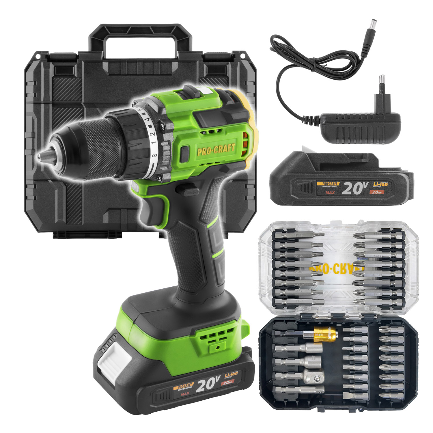 Procraft PA18LiH 20V SET - akumulátorový vrtací šroubovák (s 2,0 Ah akumulátorem, nabíječkou a se sadou bitů BS-37)