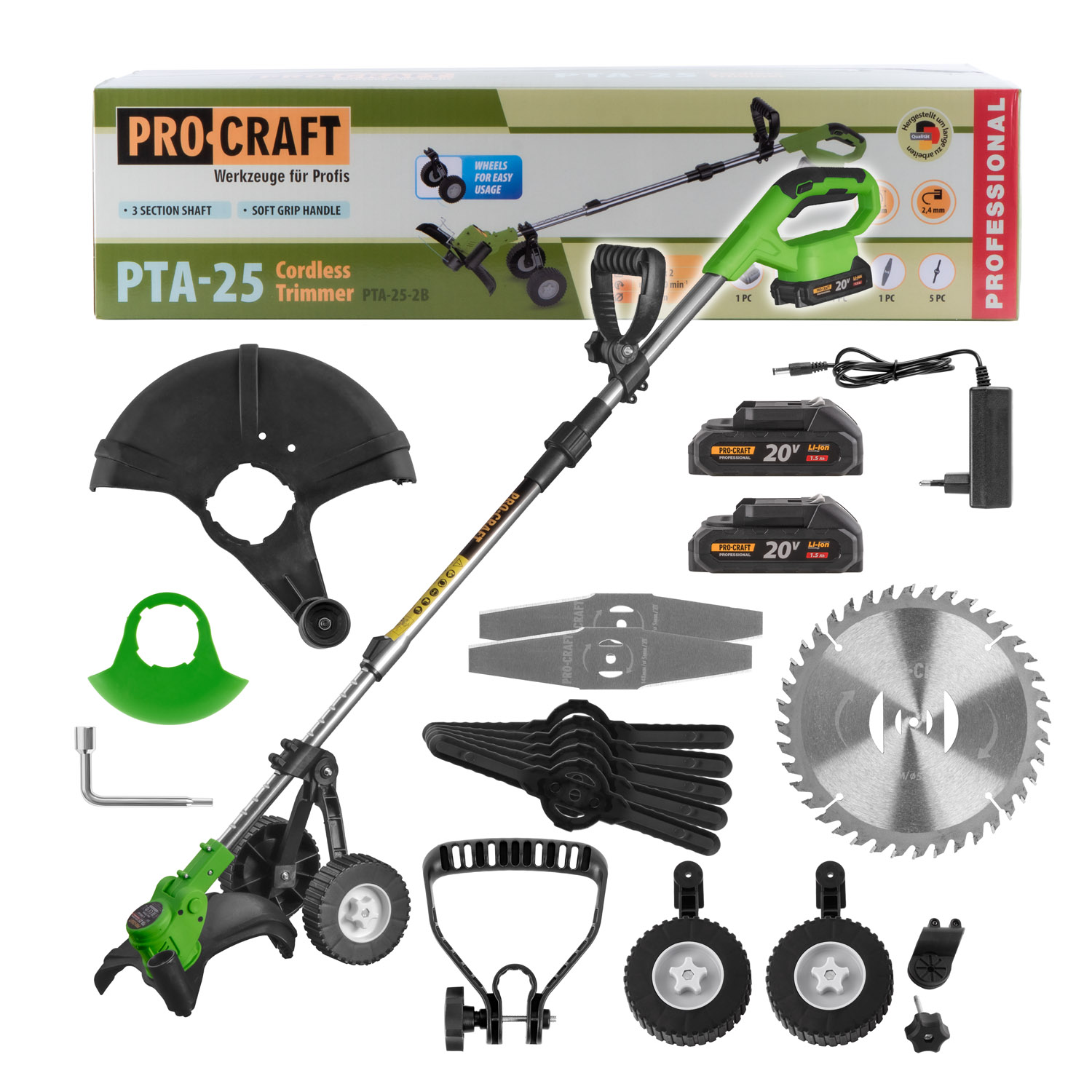 Procraft PTA-25-2B 20V SET - akumulátorový vyžínač (s 2x1,5 Ah akumulátory a nabíječkou)