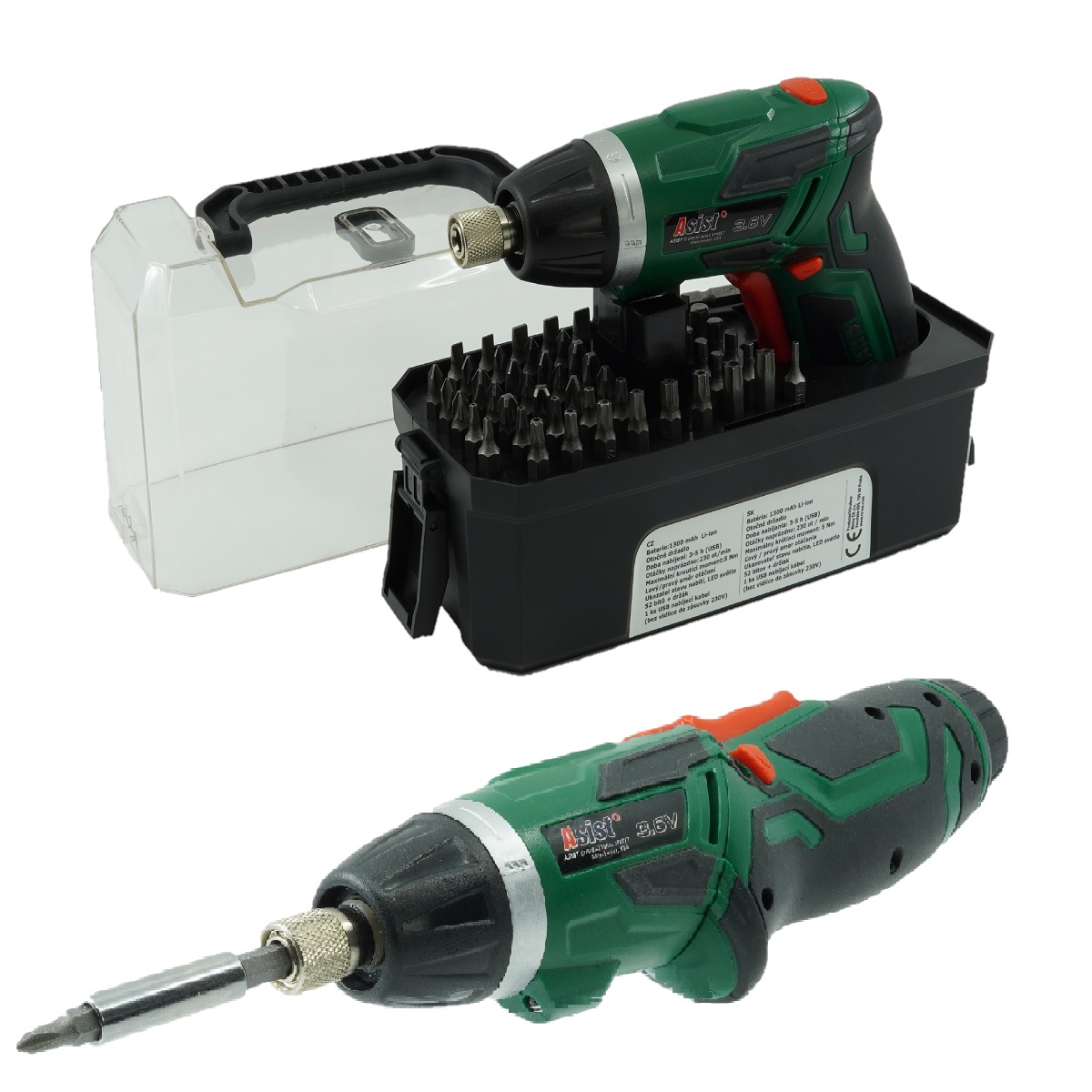 2v1 Aku šroubovák se svítilnou, 3,6V Li-ion, 52ks příslušenství ASIST AE2S03DN-52