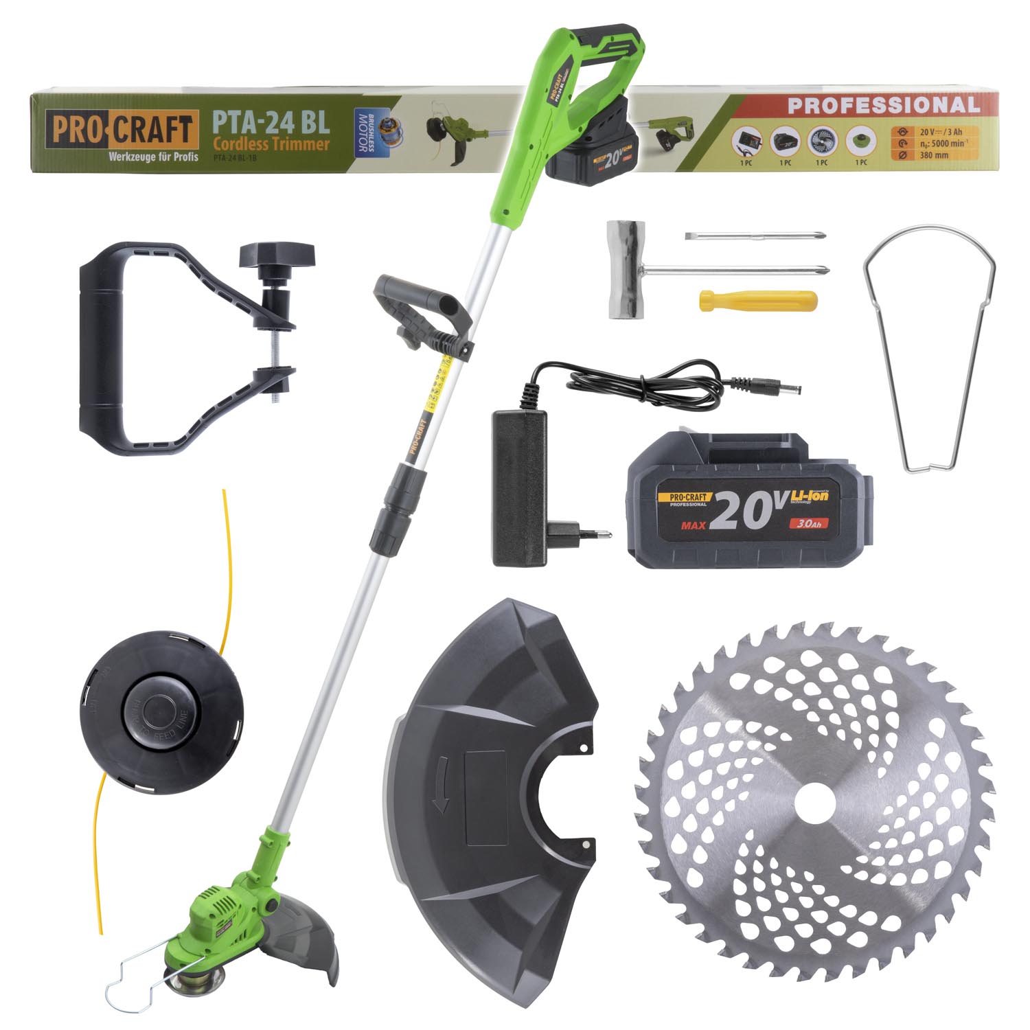 Procraft PTA24 BL 20V SET - akumulátorový vyžínač (s 3,0 Ah akumulátorem, nabíječkou, strunovou hlavou a kotoučem)